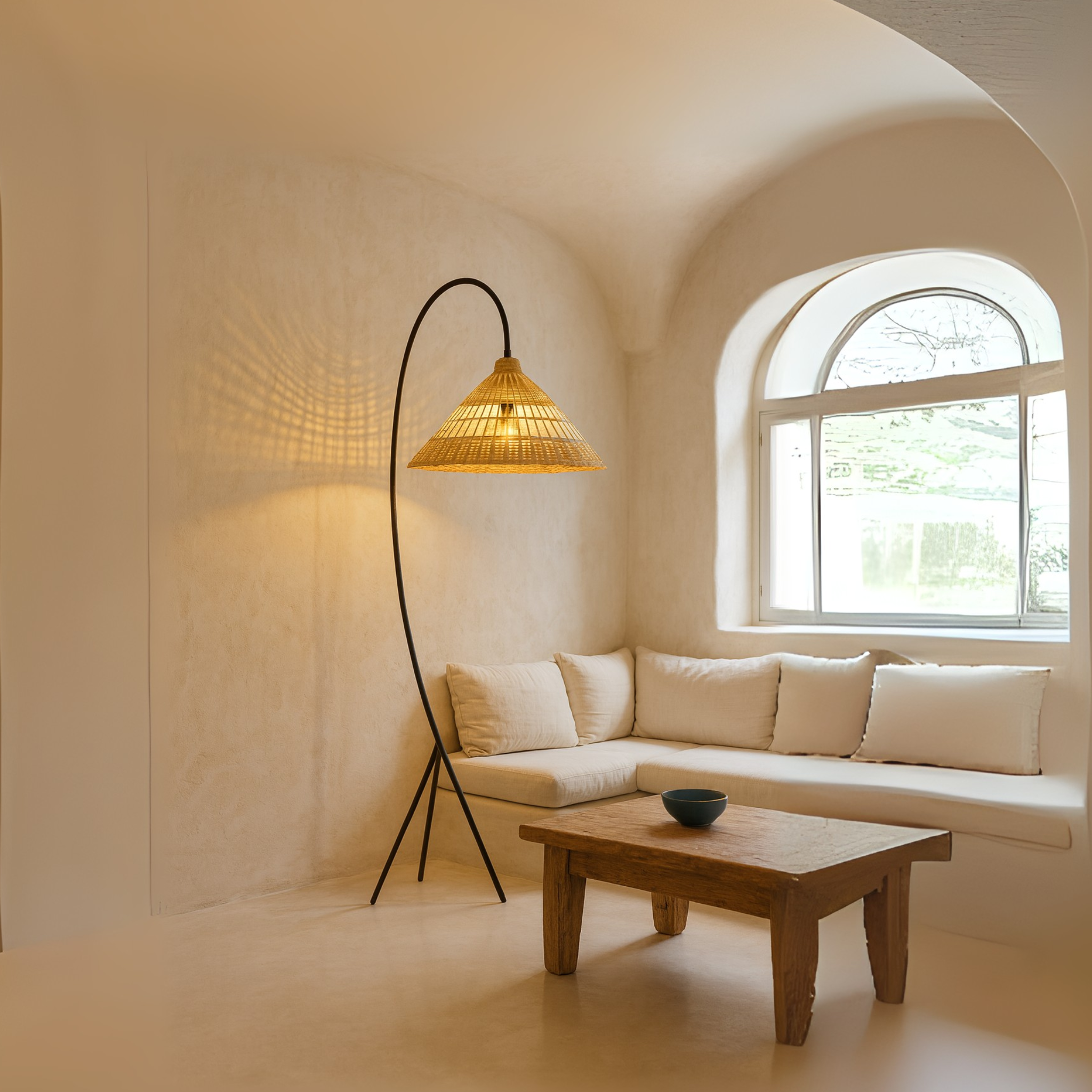 Lampadaire Arc Rotin Tunisie | Métal Noir Design | Fiolla Home