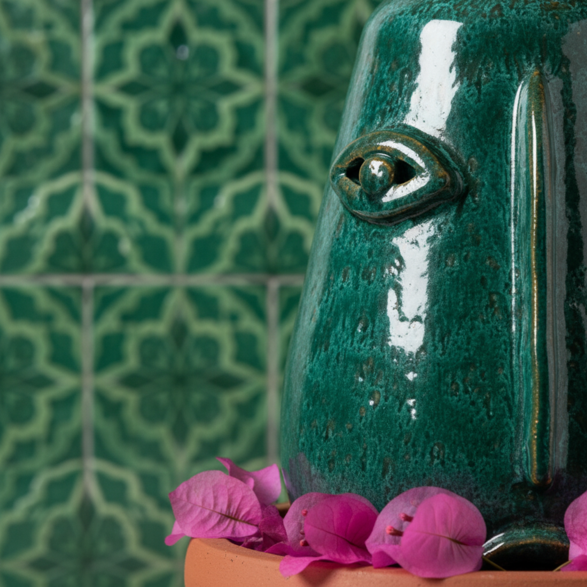 Vase Visage en Céramique Émaillée – Vert Émeraude, style tunisien