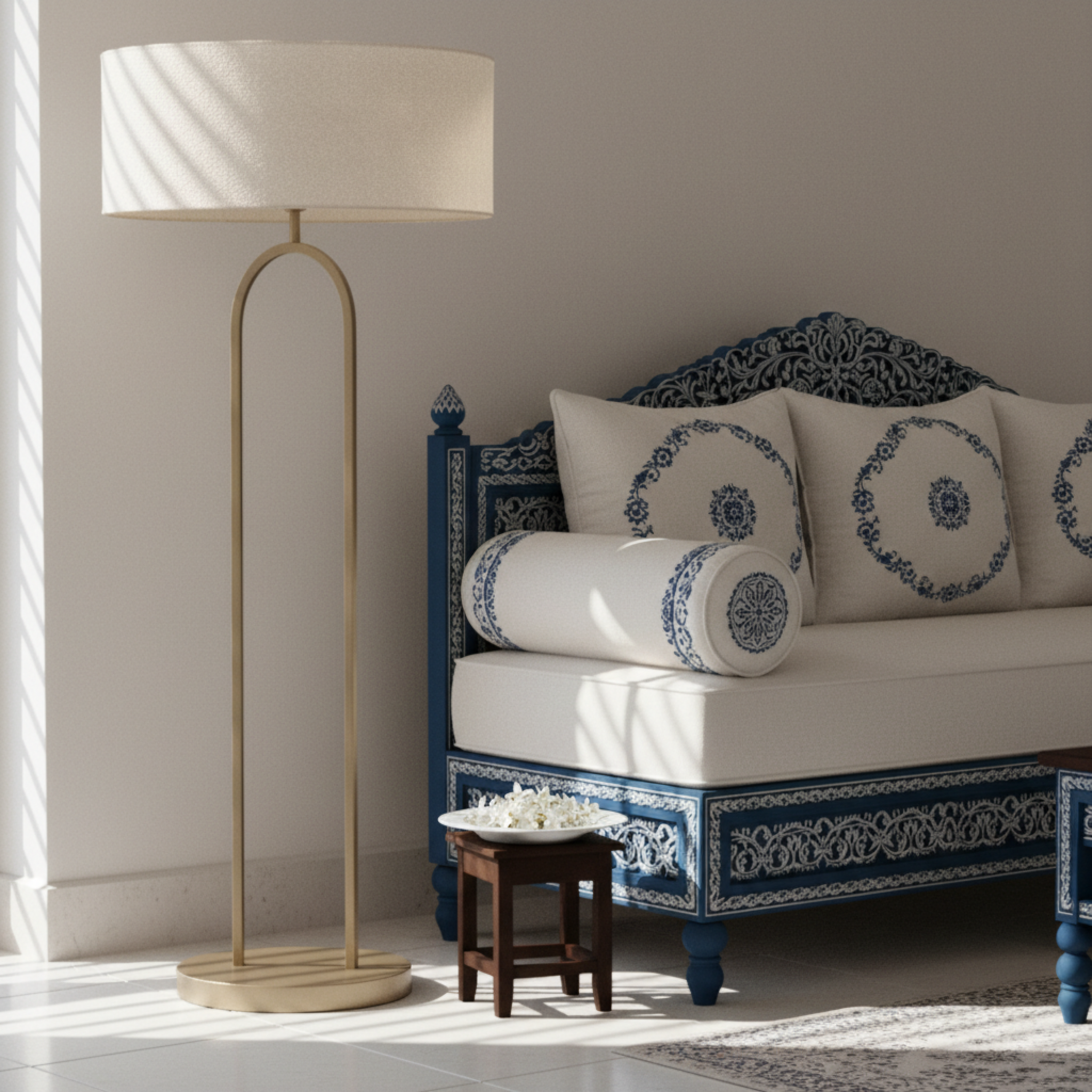 Lampadaire Design Pied Grège et Abat-jour Bouclette Blanc - Tunisie