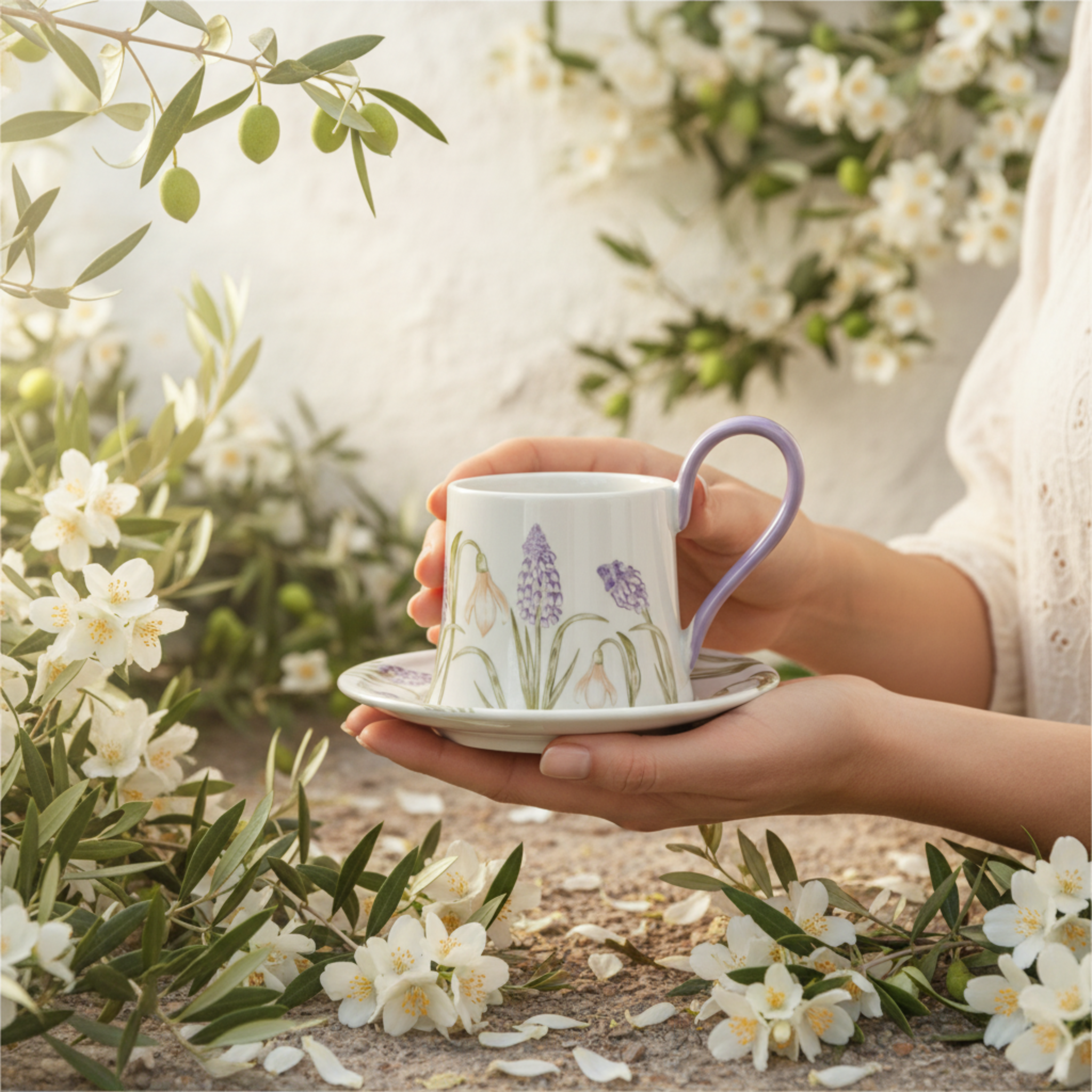 Mug Fleurs Lilas en Céramique avec Sous-Tasse – Style Élégant