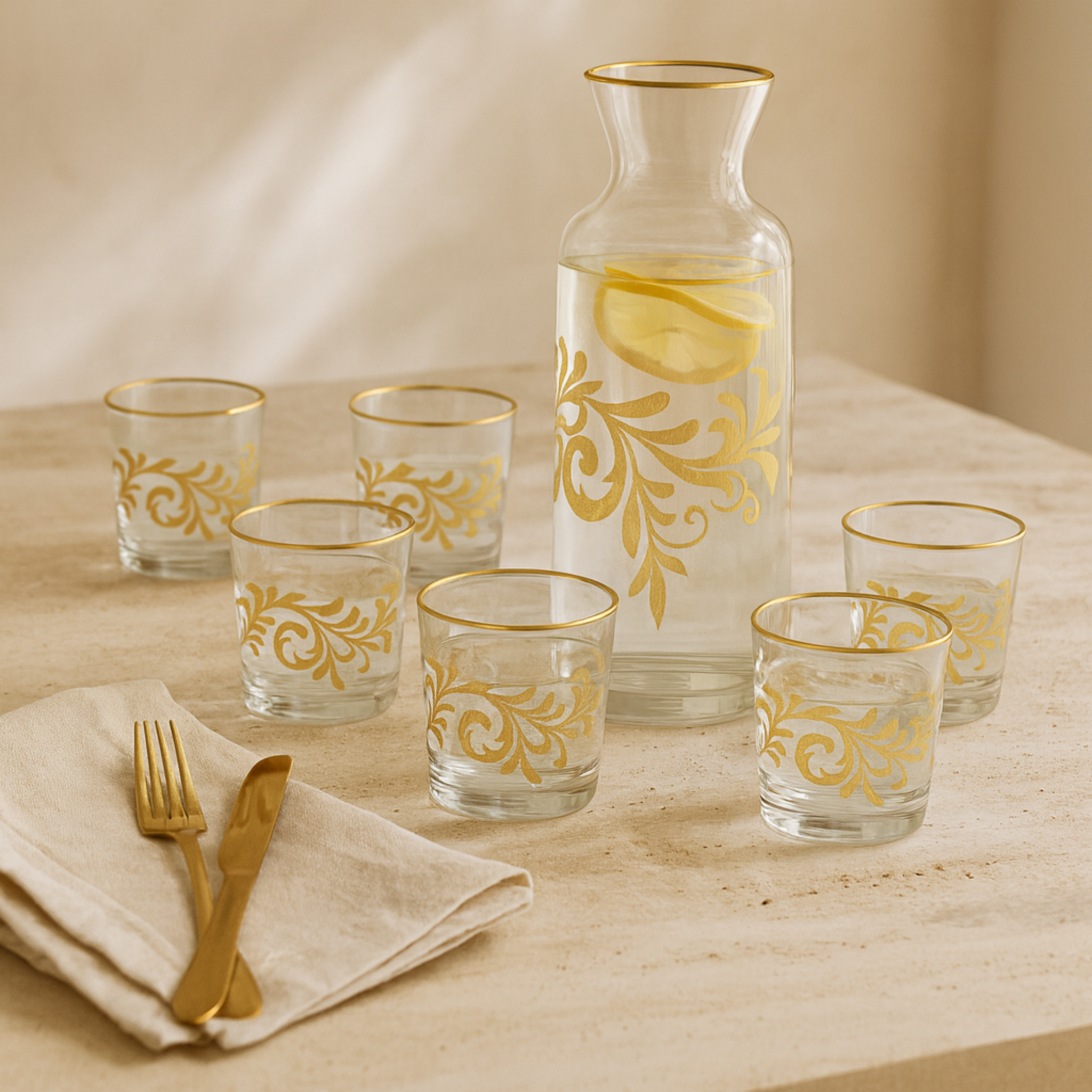Service Eau/Jus Cristal Doré | Carafe + 6 Verres | Fiolla Home