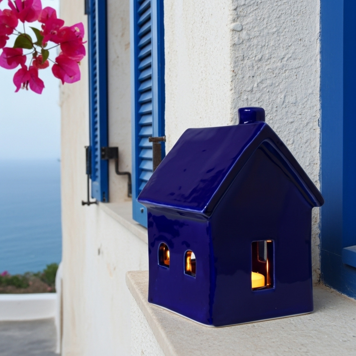 Cache-Bougie Maison en Céramique Bleu Sidi – Lueur Cocooning