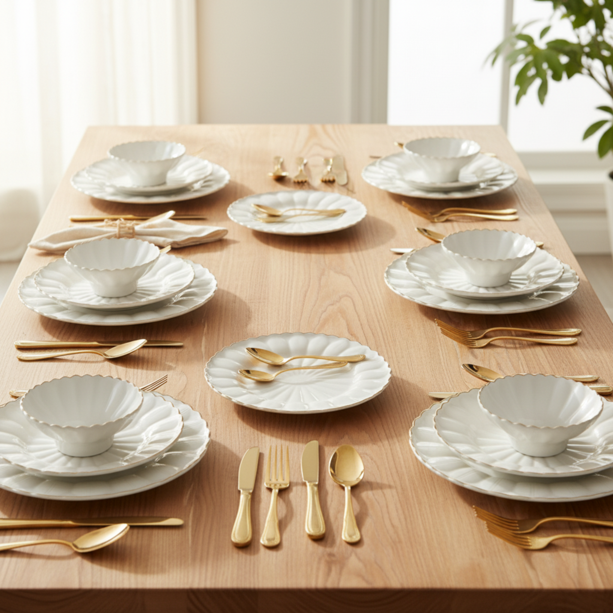 Service de Table 24 Pièces Blanc & Doré – Design Fleur & Liseré Or