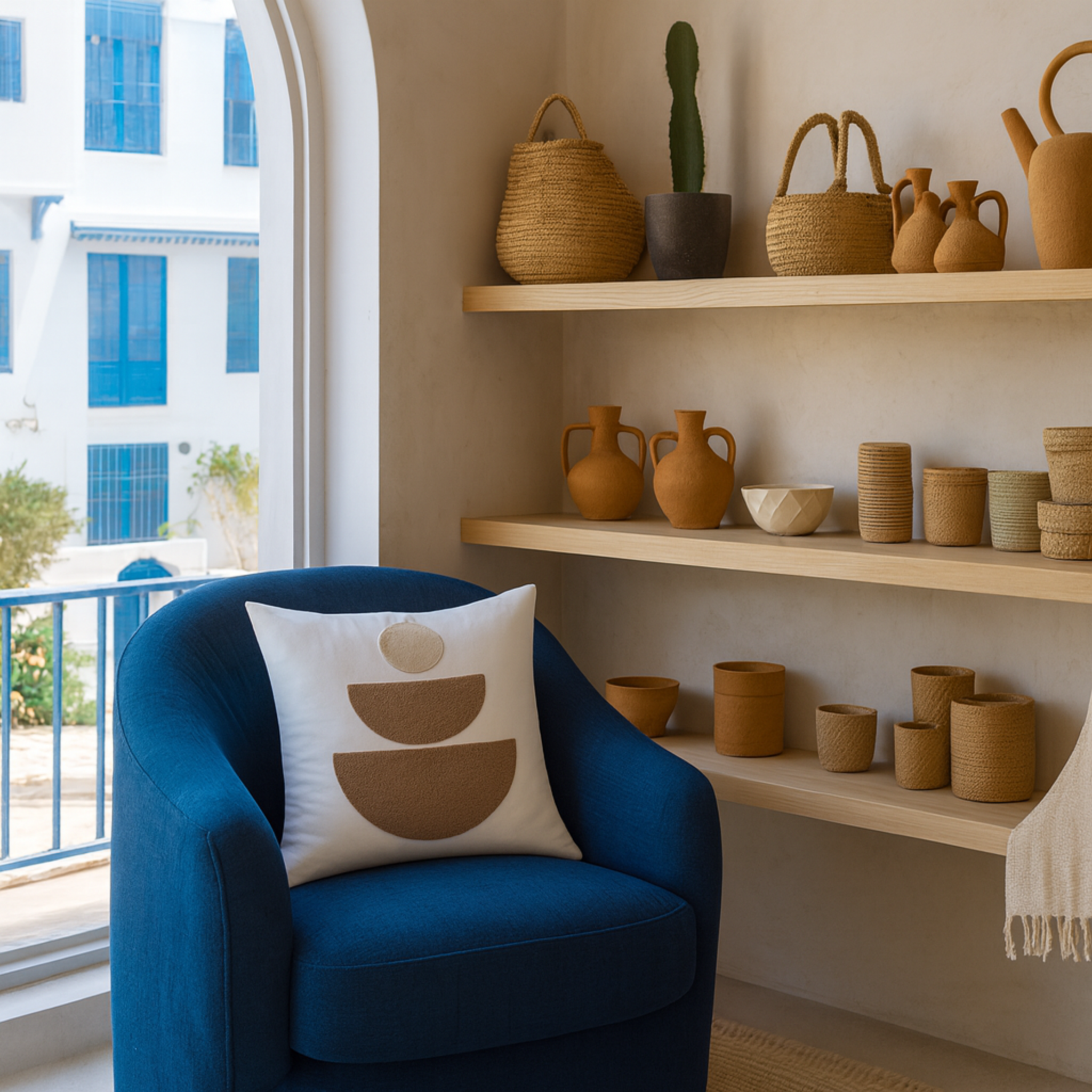 Coussin Géométrique Beige Tunisie – Motif Totem Minimal | Fiolla Home