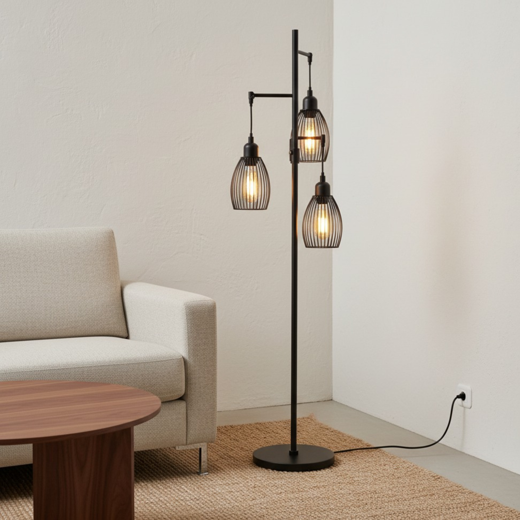 Lampadaire métal noir Tunisie | 3 abat-jours cage, LED | Fiolla Home