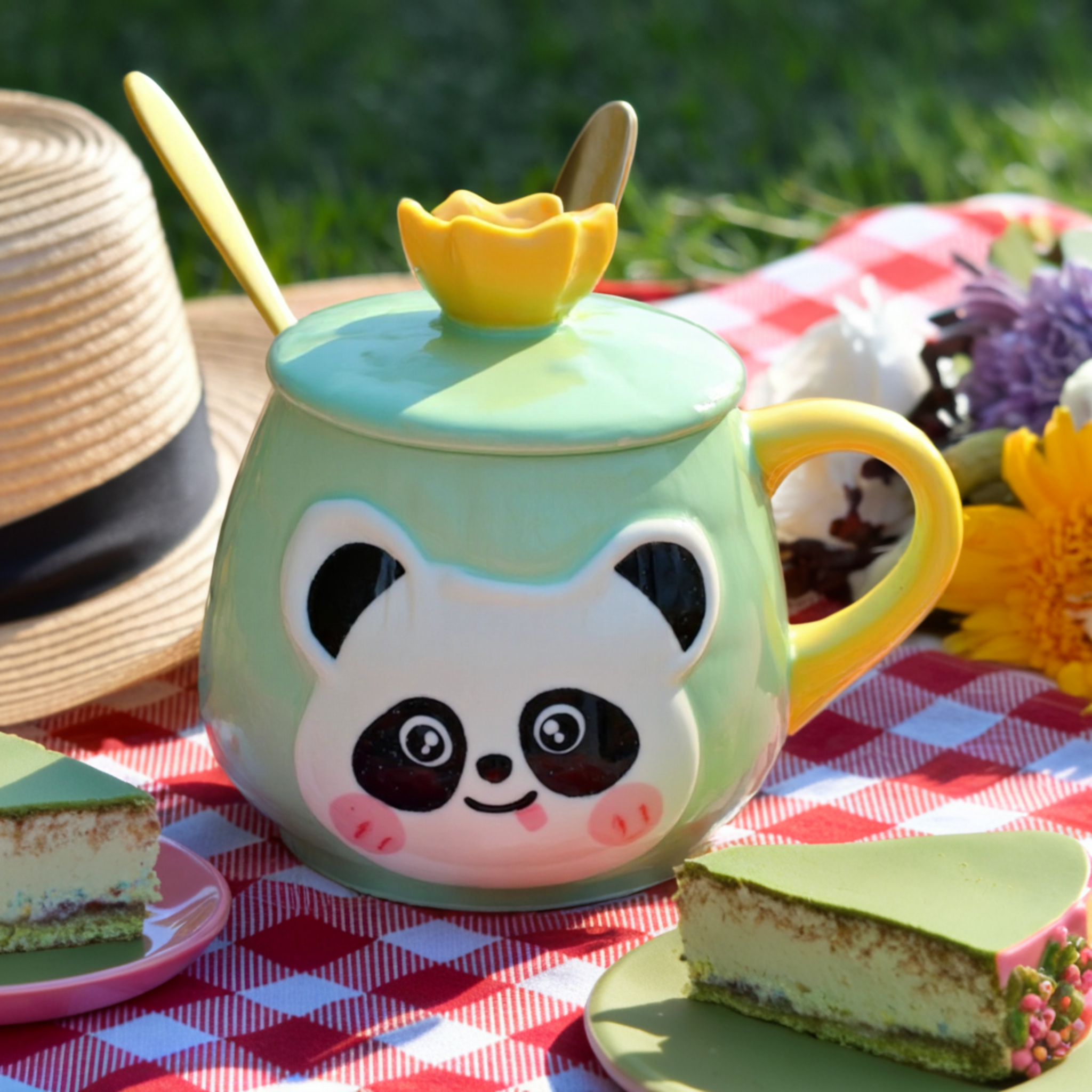 Mug Panda Kawaii | Couvercle Fleur & Cuillère Dorée | Fiolla Home