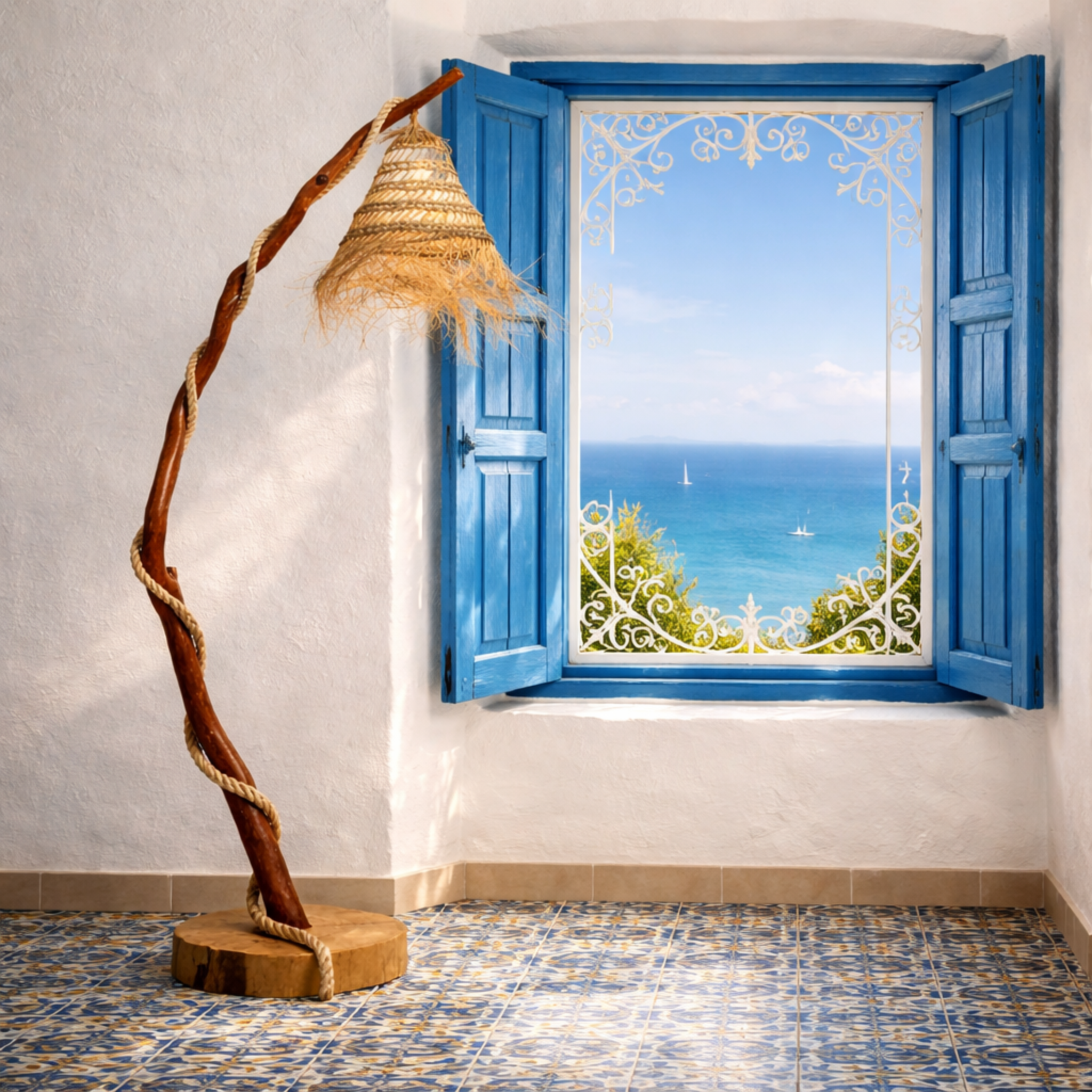 Lampadaire Bois Flotté & Corde Style Bohème - Déco Salon Tunisie