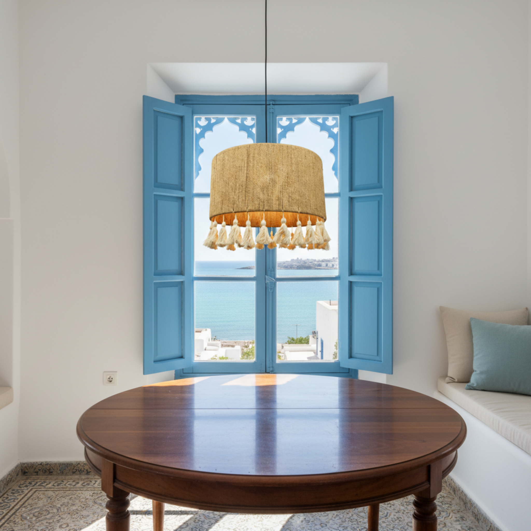 Suspension "Lella" – Lustre Tambour Large en Jute Tressé et Pompons