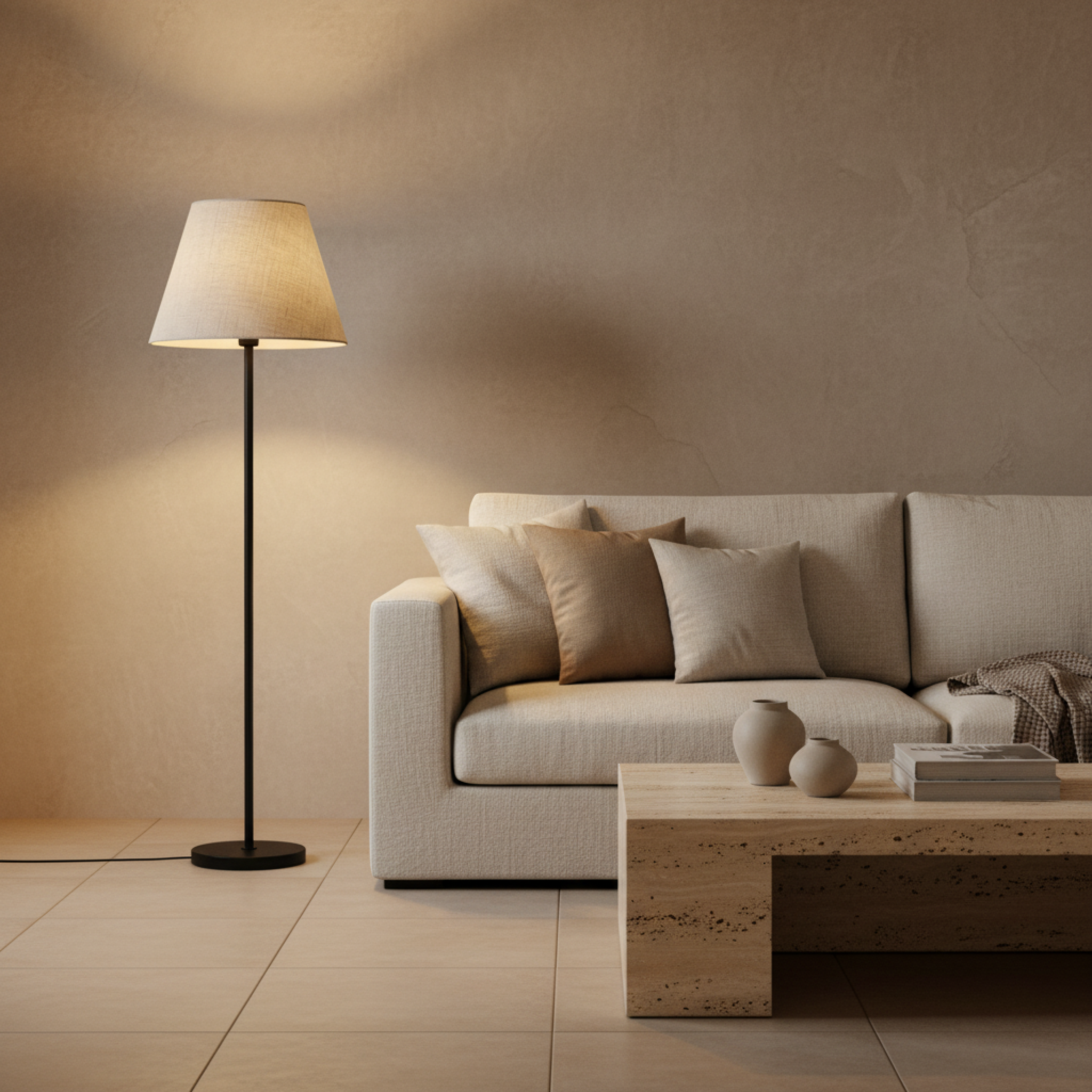 Lampadaire Design Minimaliste Pied Noir & Abat-Jour Beige – Déco Tunisie
