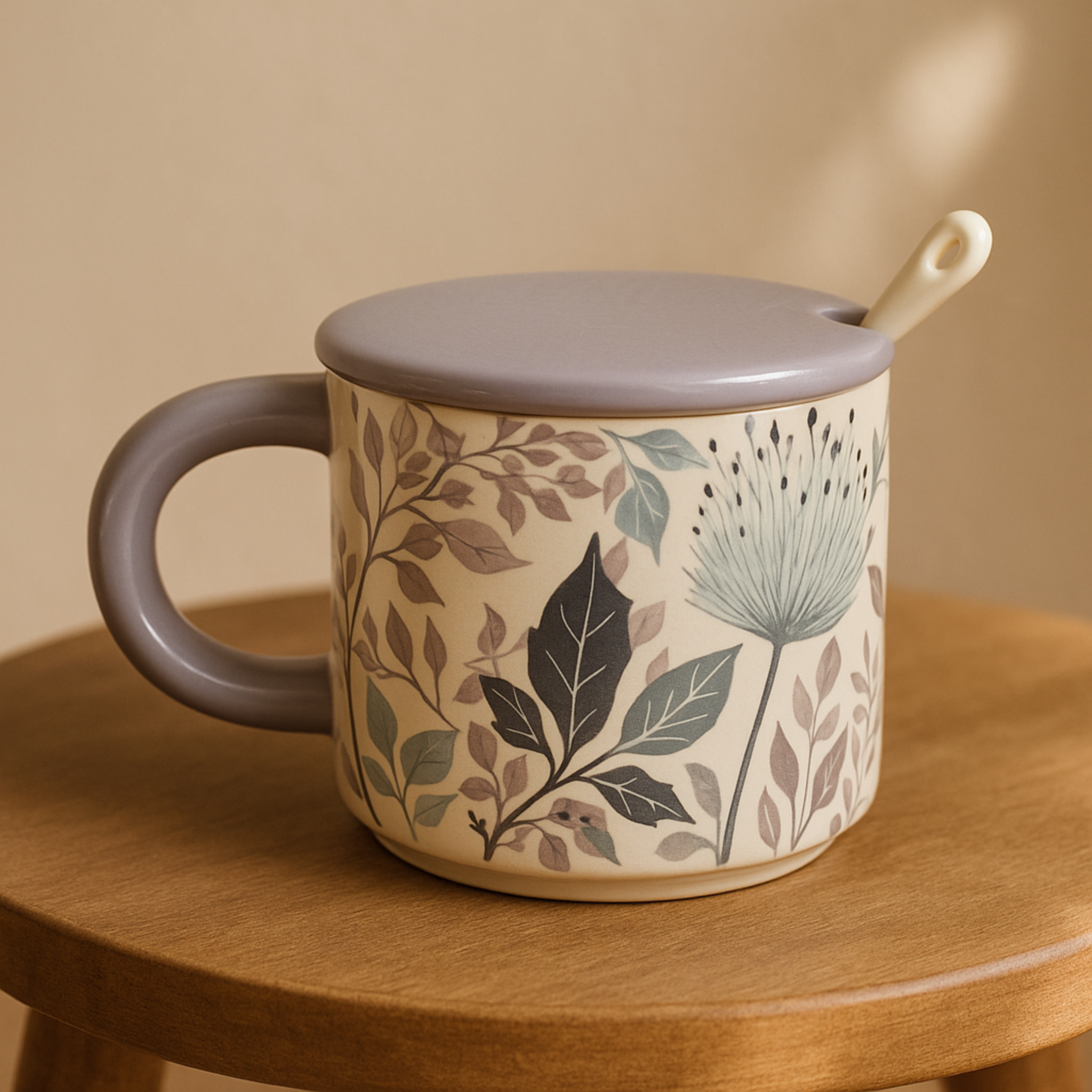Mug avec Couvercle et Cuillère | Design Floral Élégant | Fiolla Home