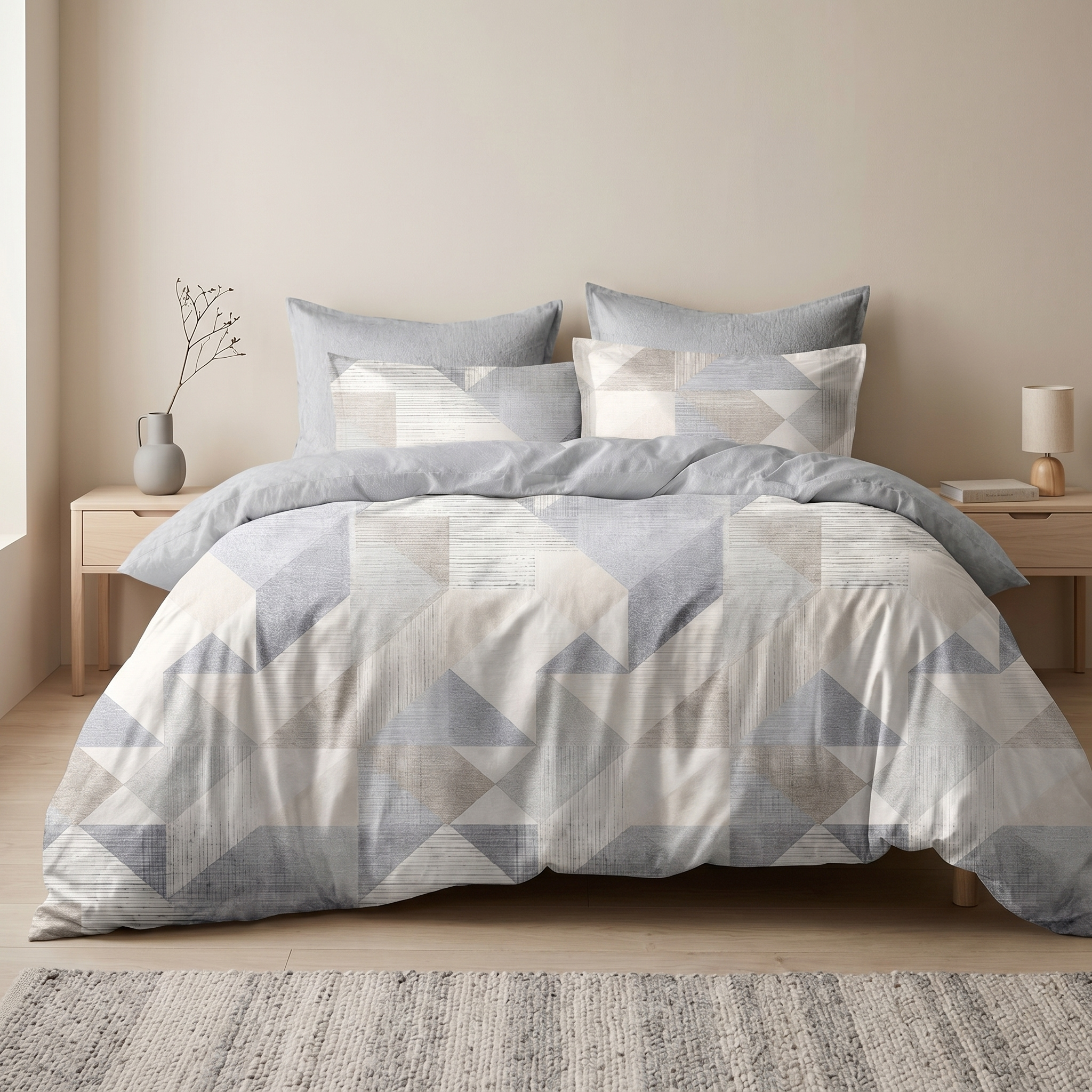 Ensemble Parure de Lit Satin Coton Motif Triangles Bleu Gris | Fiolla Home