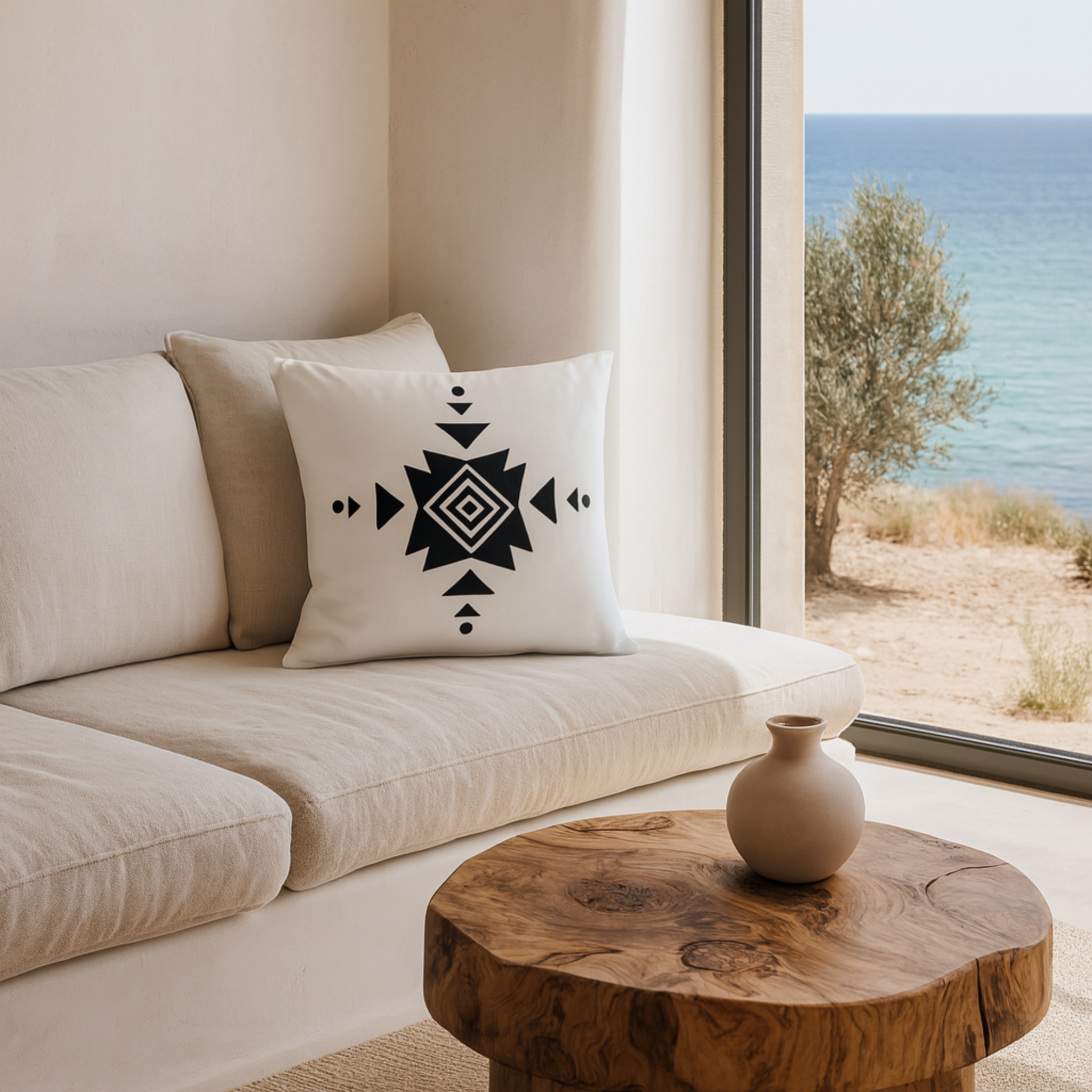 Coussin Bohème Tunisie – Motif Tribal Noir & Blanc | Fiolla Home