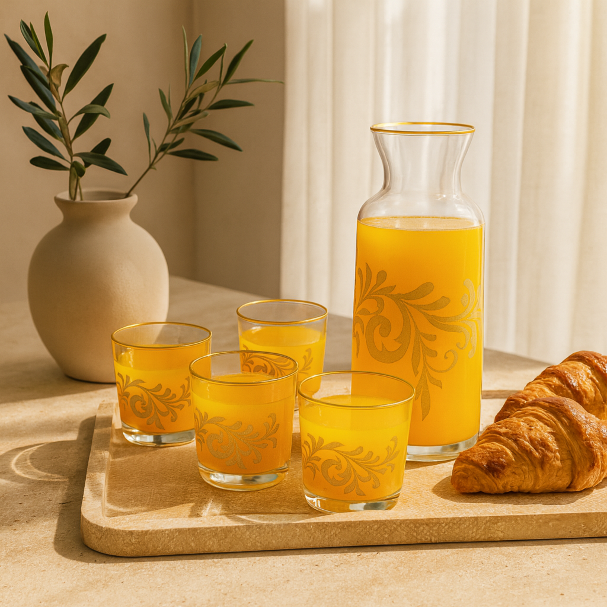 Service Eau/Jus Cristal Doré | Carafe + 6 Verres | Fiolla Home