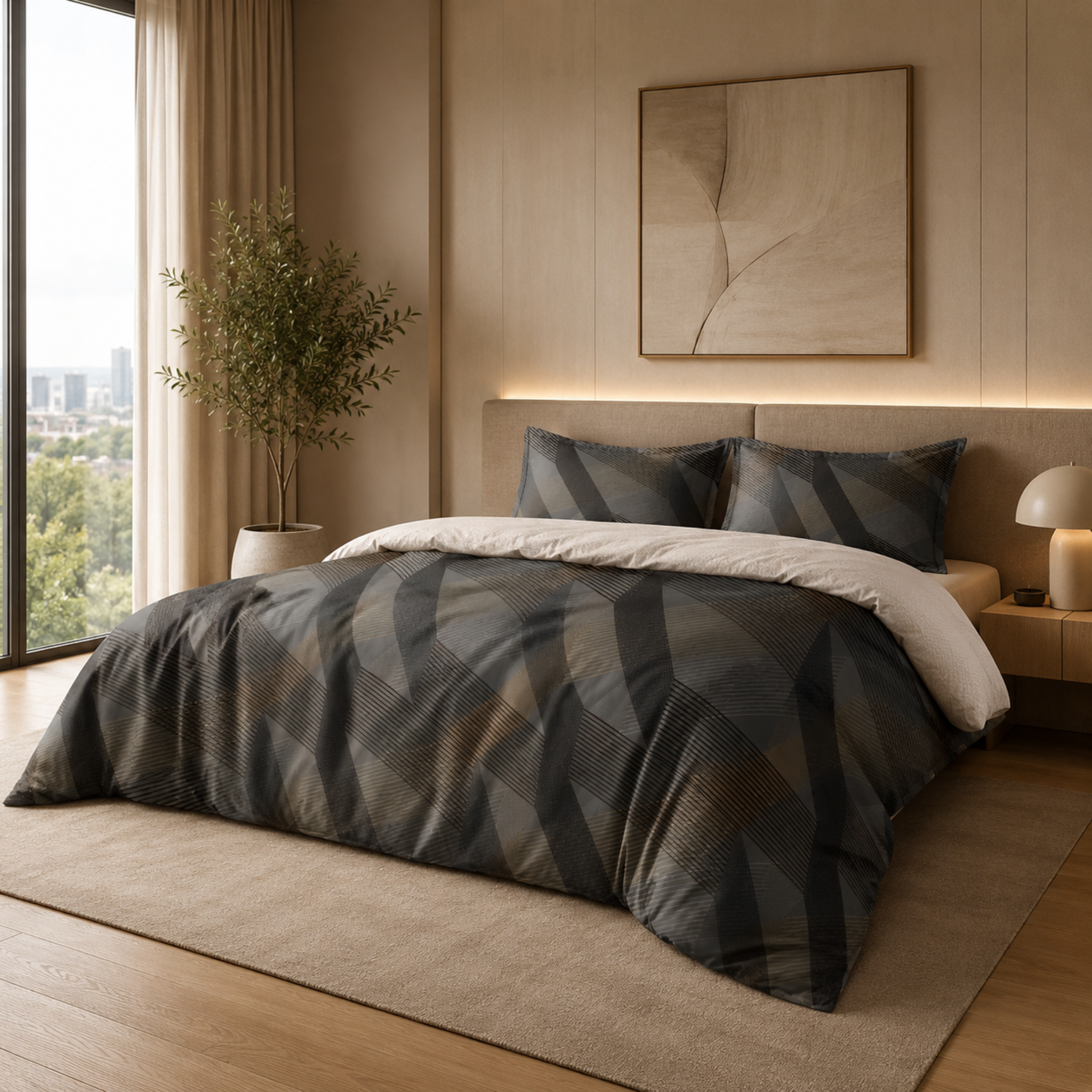 Parure de Lit Complète Satin Coton Motif Géométrique | Fiolla Home