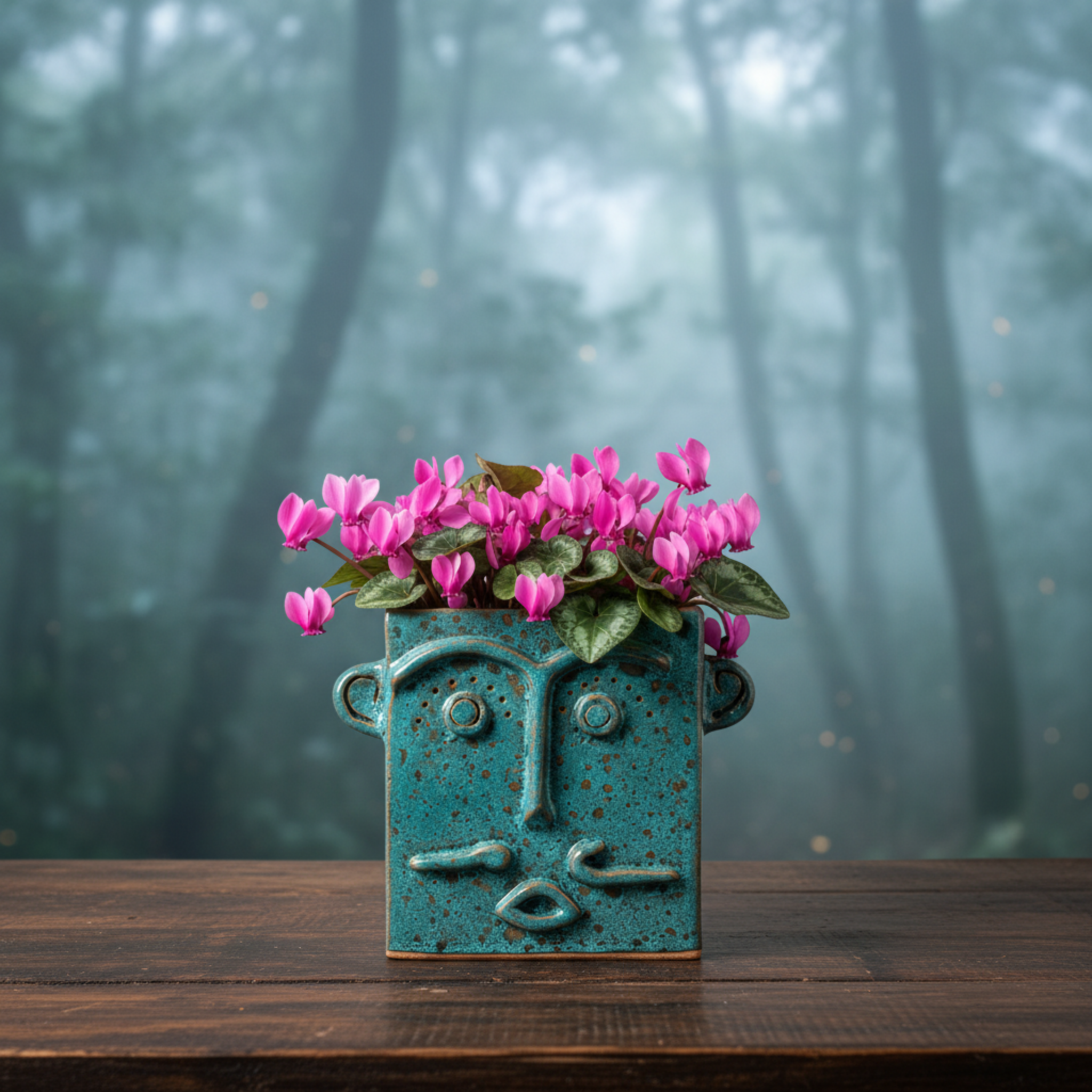 Vase Visage Carré en Céramique – Émail Émeraude Tunisien