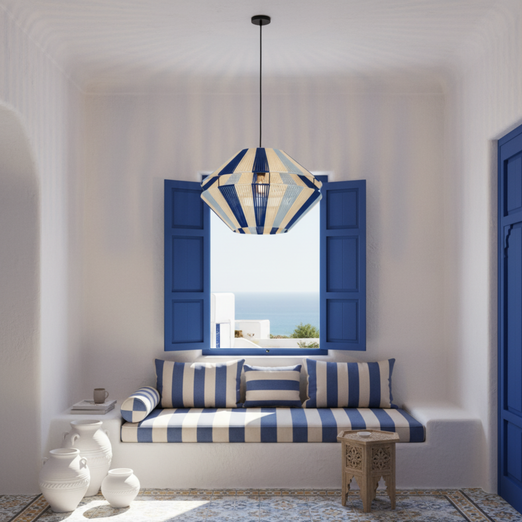 Suspension Géométrique Bleu & Blanc Fait Main | Design Méditerranéen Tunisien