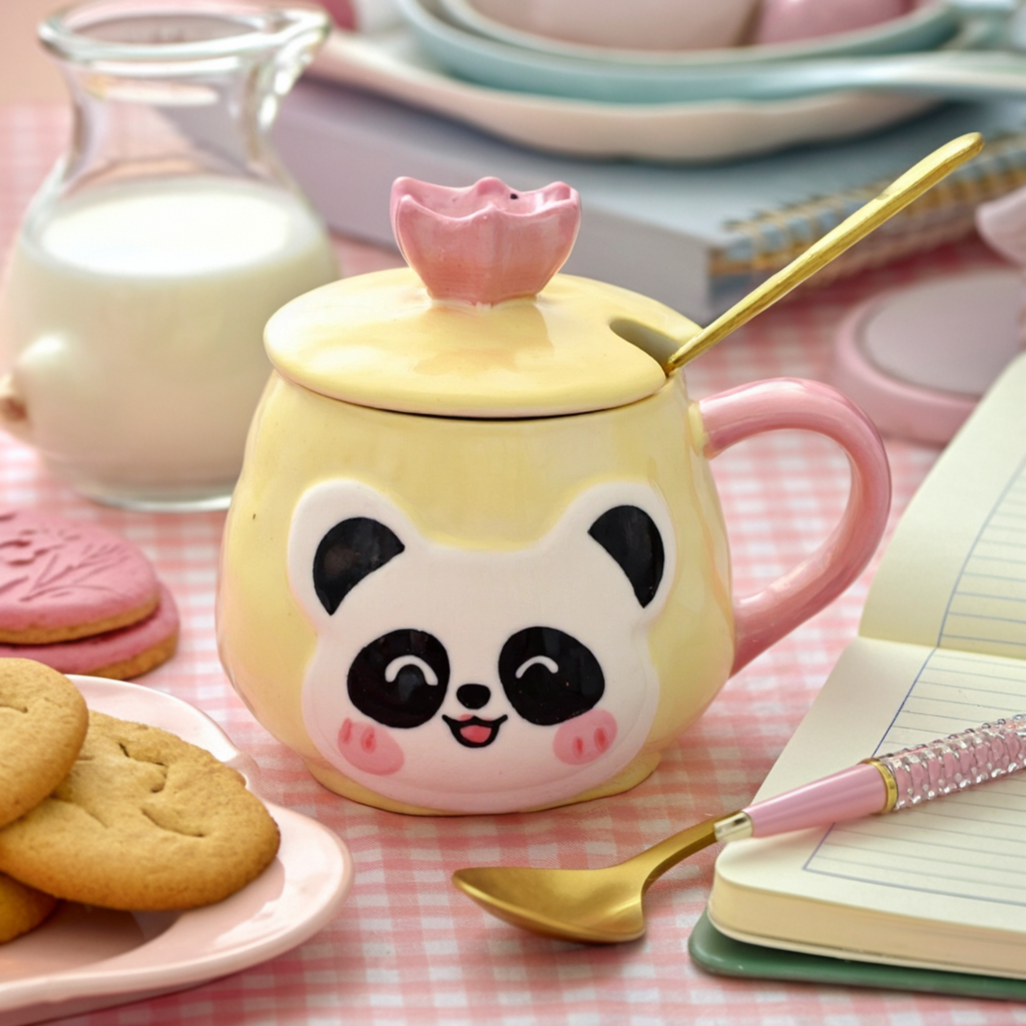 Mug Panda Kawaii | Couvercle Fleur & Cuillère Dorée | Fiolla Home