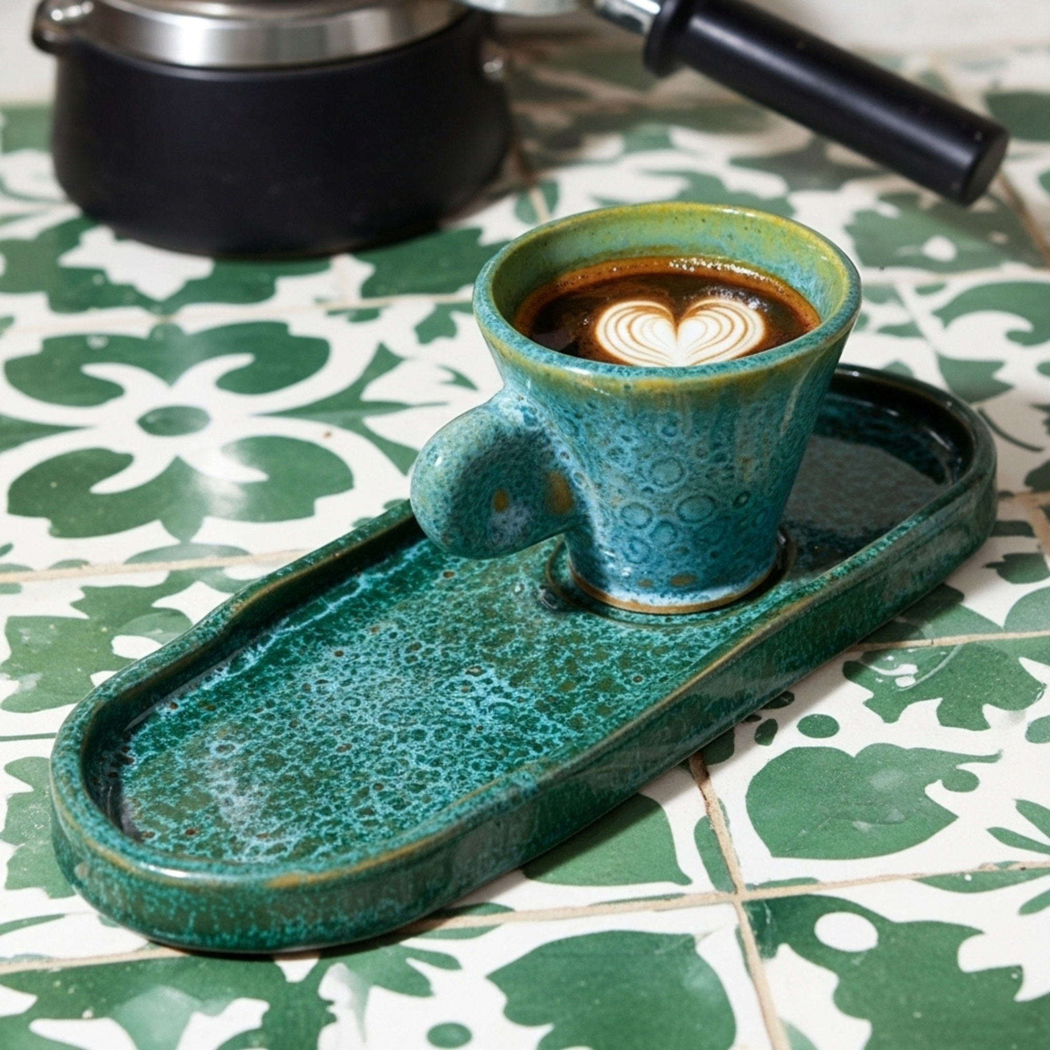 Set espresso en céramique – tasse + plateau, émail vert