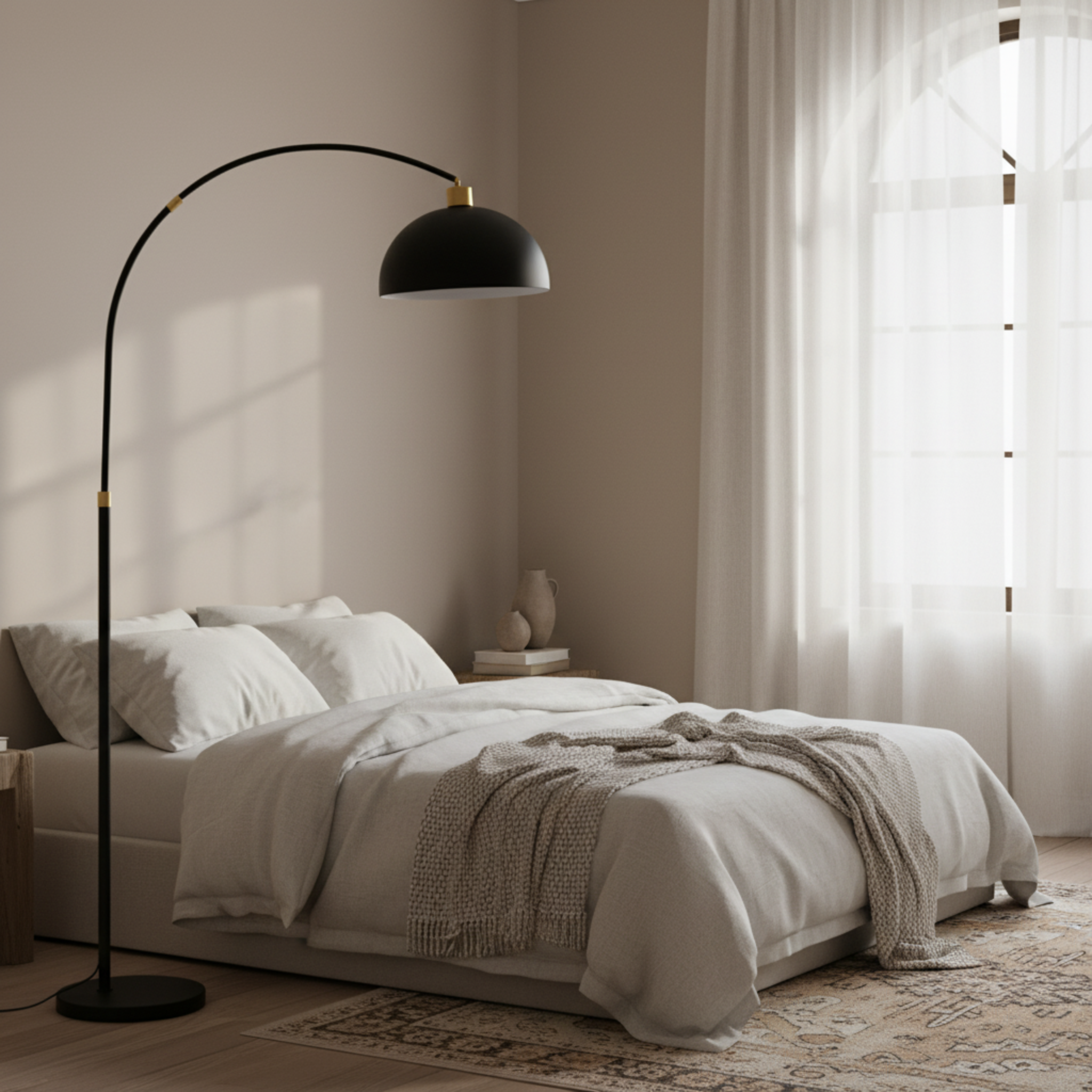 Lampadaire Arc Noir Moderne avec Détails Dorés – Élégance Design