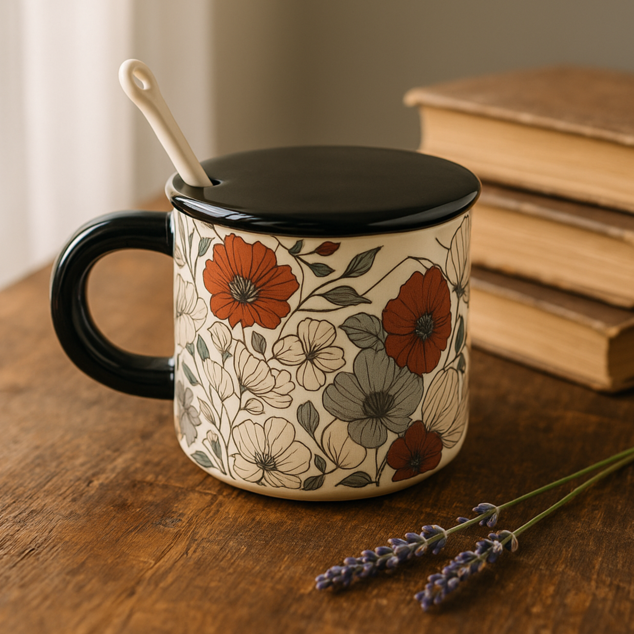Mug avec Couvercle et Cuillère | Design Floral Élégant | Fiolla Home