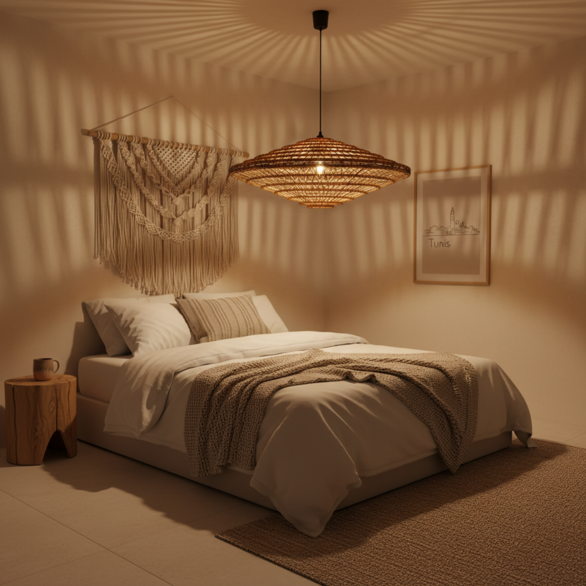 Lustre artisanal en fibres de dattes – Suspension bohème et naturelle