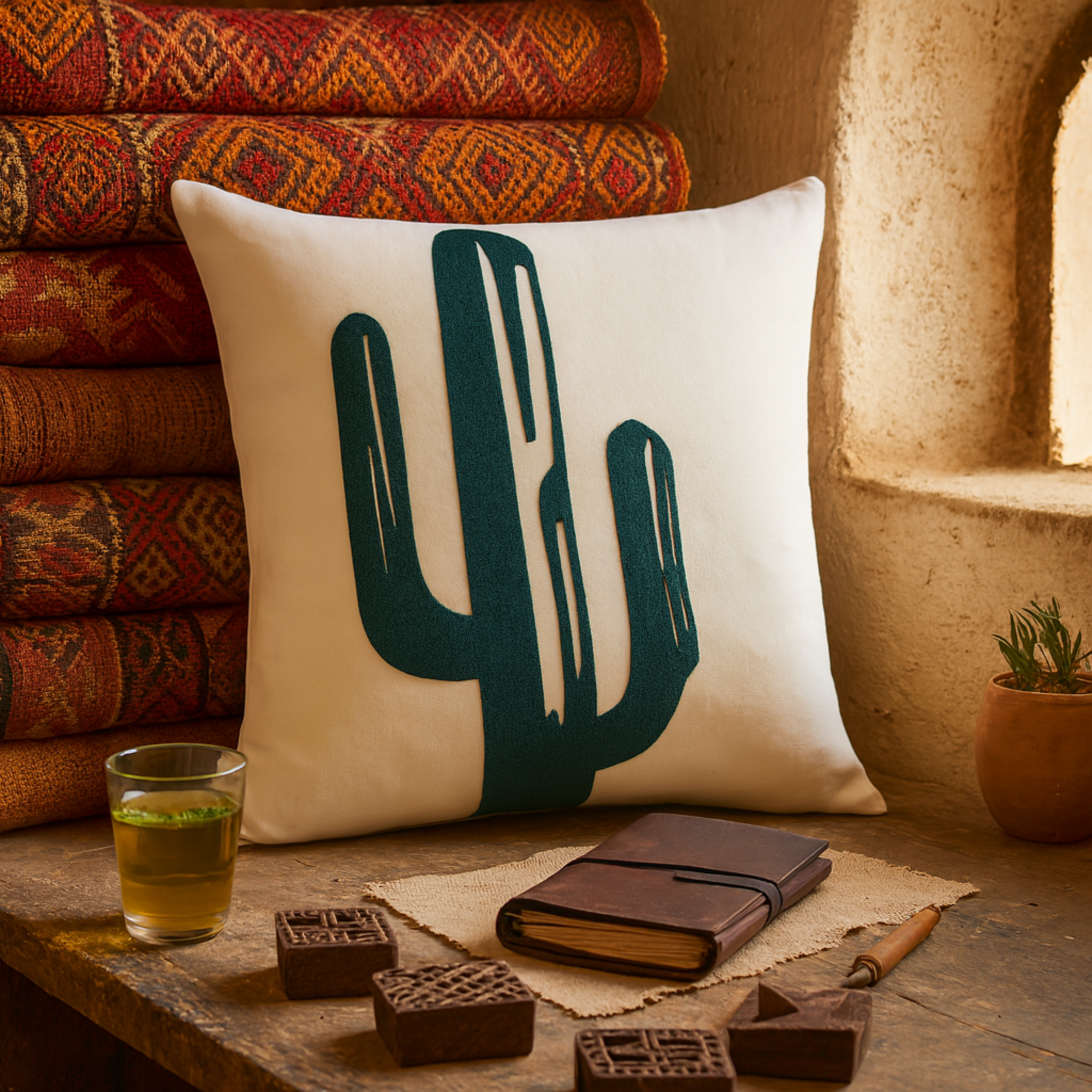 Coussin Décoratif Tunisie – Motif Cactus Vert | Fiolla Home