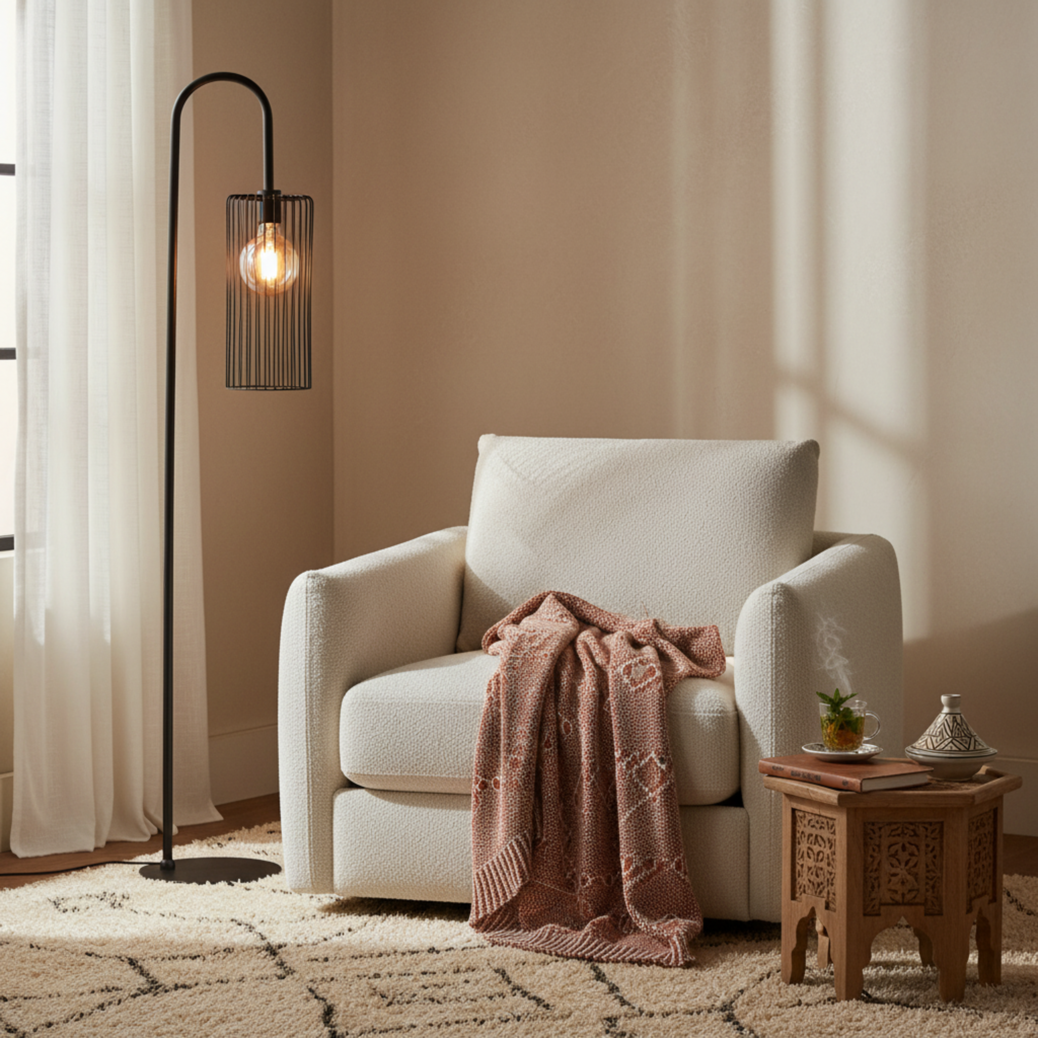 Lampadaire Trépied Métal Noir & Abat-Jour Effet Tweed – Design Moderne