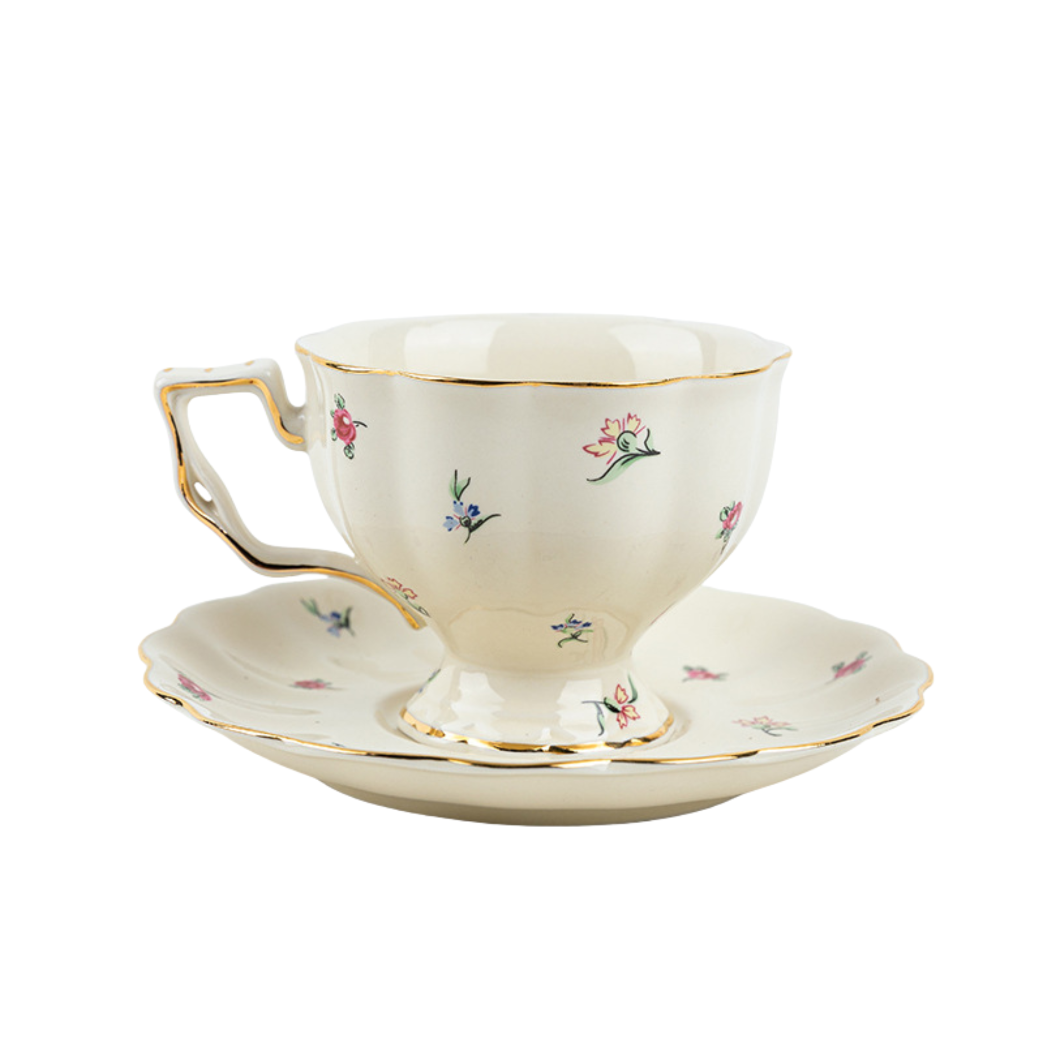 Service à Thé/Café au Lait – Porcelaine Fleurie Bord Doré | Fiolla Home Tunisie