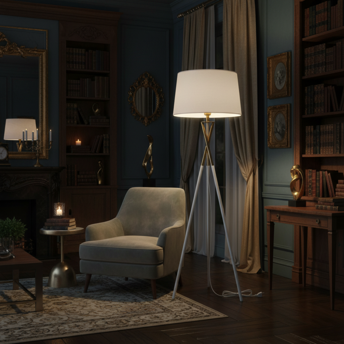 Lampadaire Trépied "Luxe Blanc & Or" – Design Scandinave Chic Tunisie