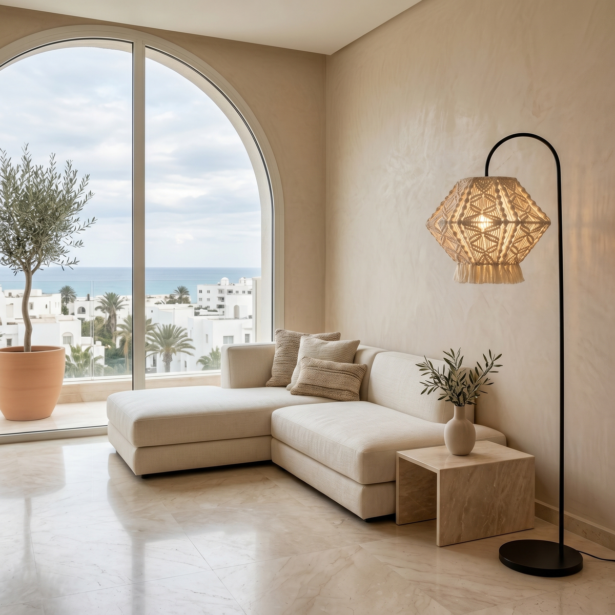 Lampadaire Arc Macramé | Pied Noir Base Ronde | Fiolla Home