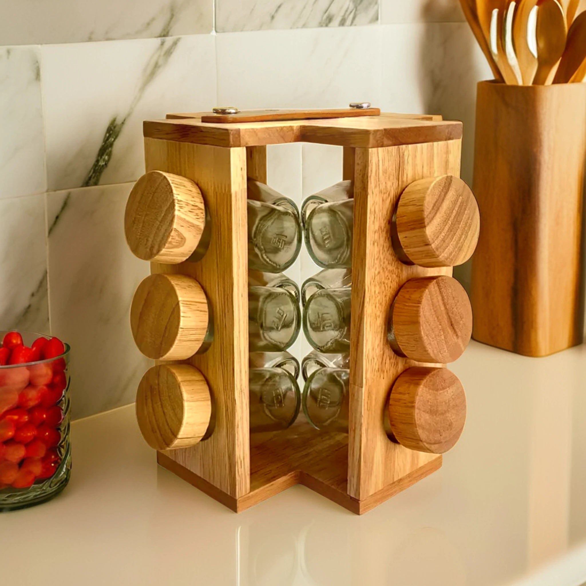 Porte-Épices Verre et Support en Bois | 12 ou 8 Pièces | Fiolla Home