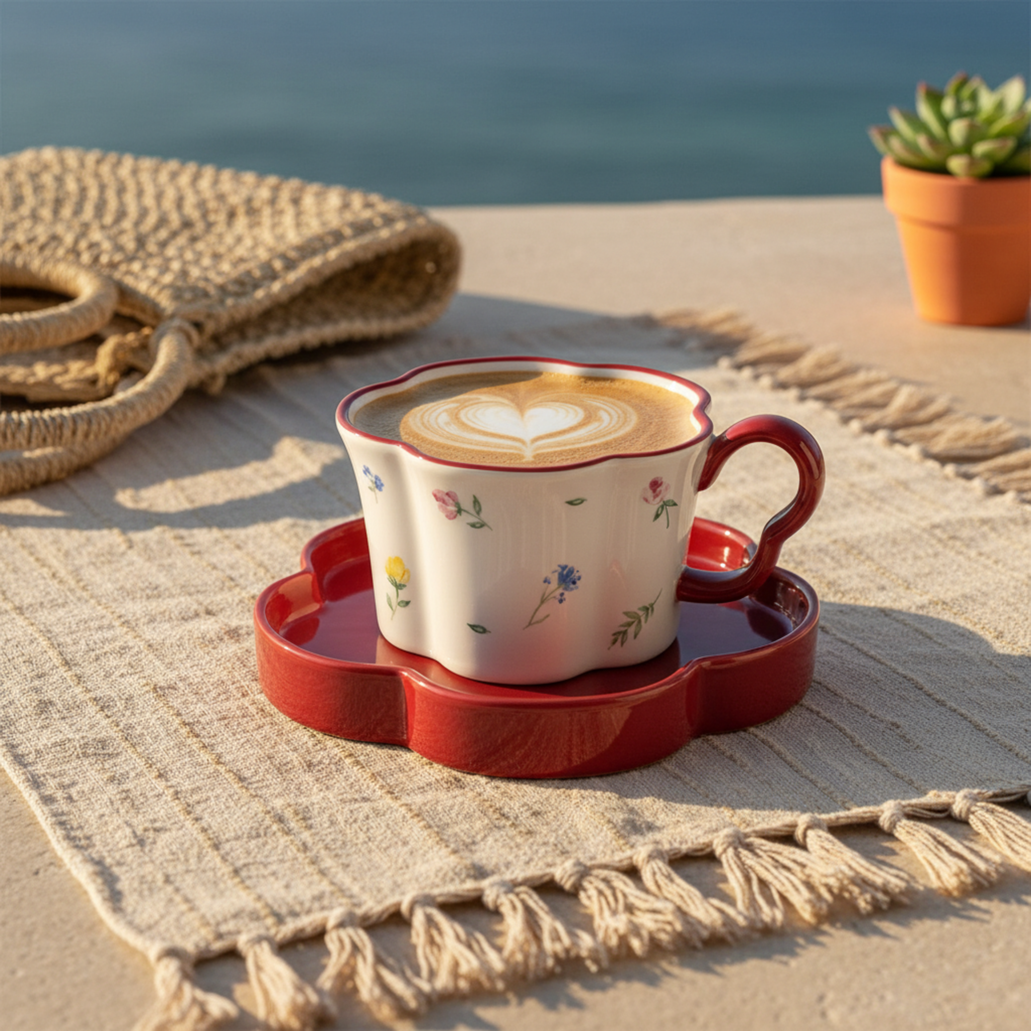 Tasse Forme Fleur & Soucoupe Rouge – Mug Cute & Idée Cadeau Tunisie