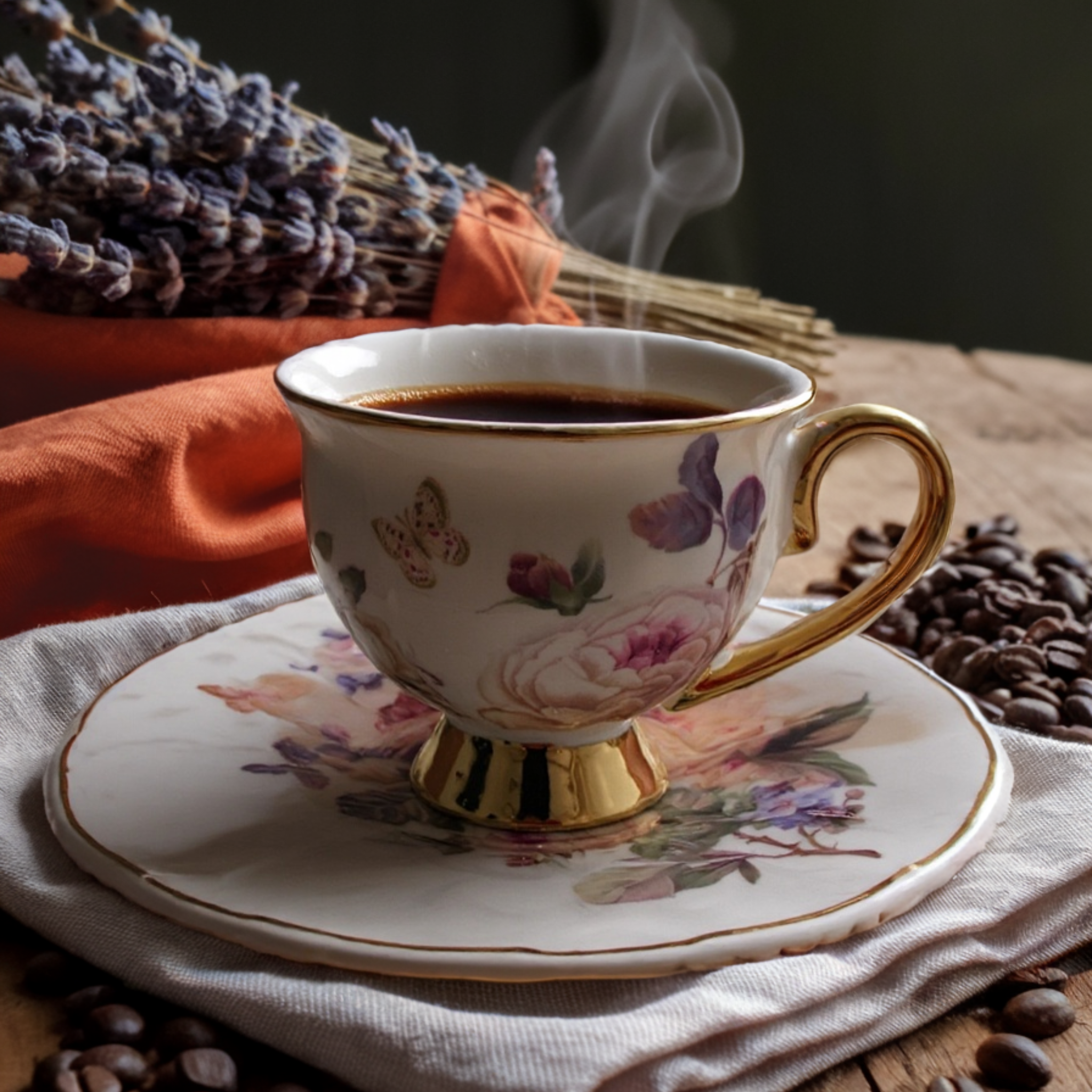 Service café noir en Porcelaine Fleurie | Élégance Dorée | Fiolla Home