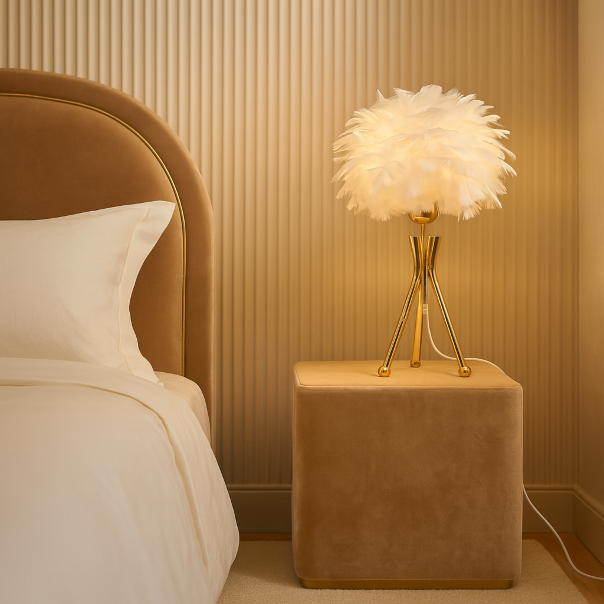 Lampe de Chevet à Plumes Blanc & Doré – Style Glamour Chic