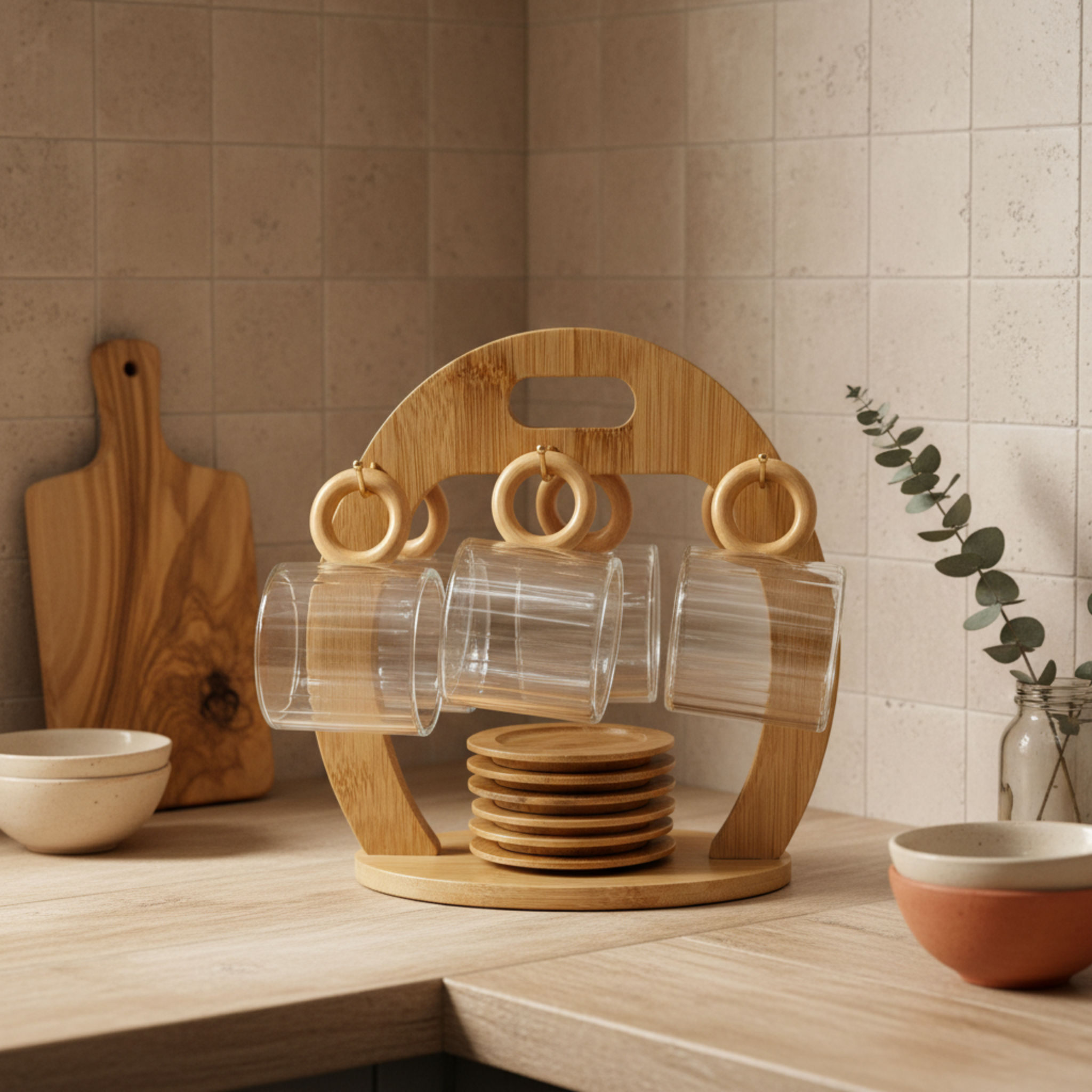 Service Café 6 Tasses Verre & Support Bois – Rangement Design Cuisine