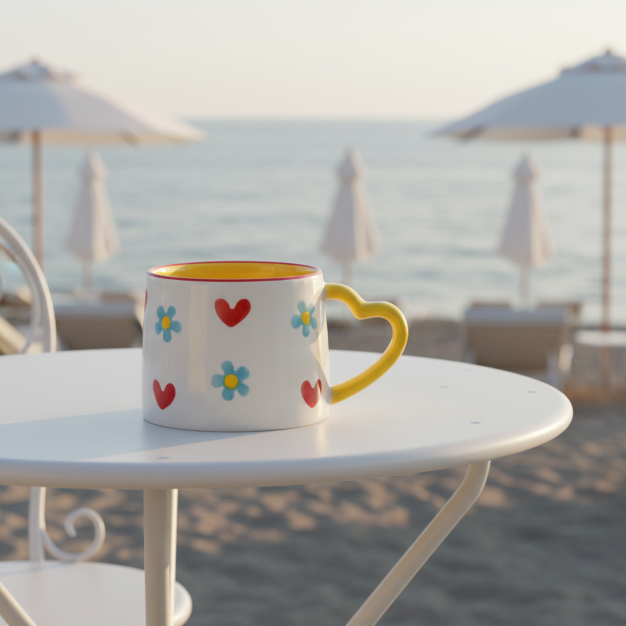 Mug Cœurs et Fleurs | Anse Jaune en Forme de Cœur