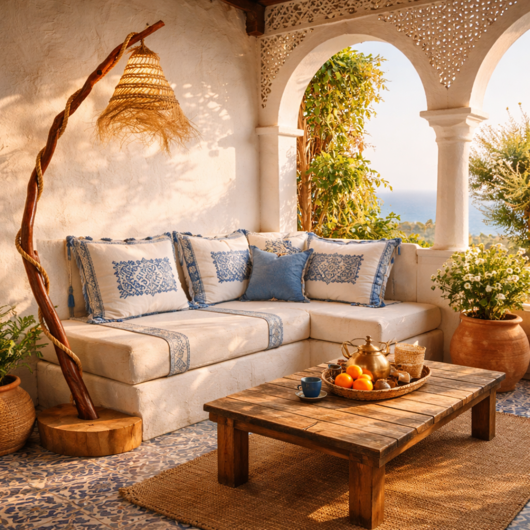 Lampadaire Bois Flotté & Corde Style Bohème - Déco Salon Tunisie