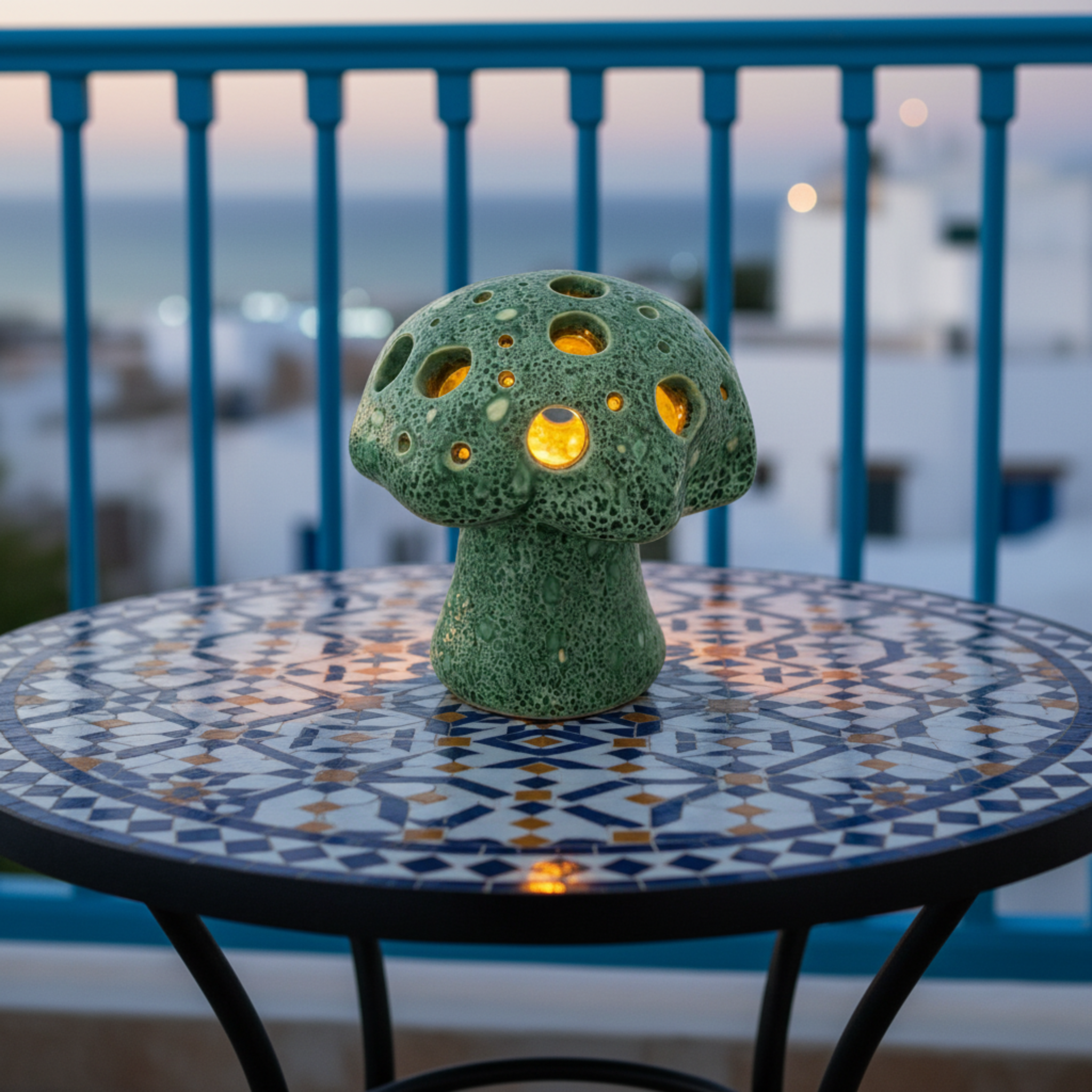 Cache-Bougie Champignon en Céramique – Émeraude Tunisien