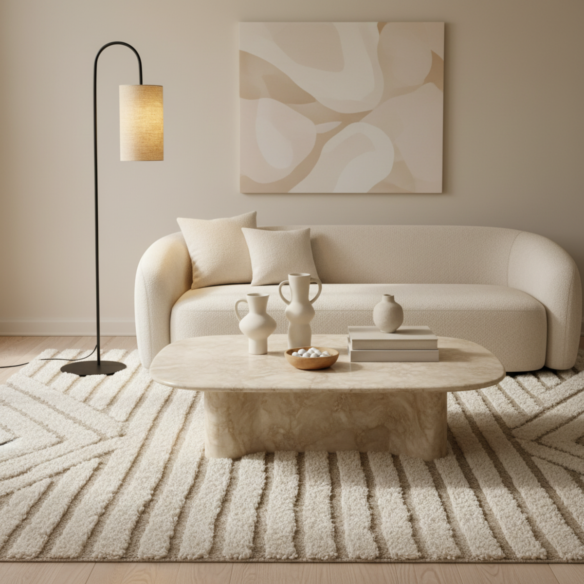Lampadaire Arc Métal Noir Abat-Jour Lin Beige Design | Fiolla Home
