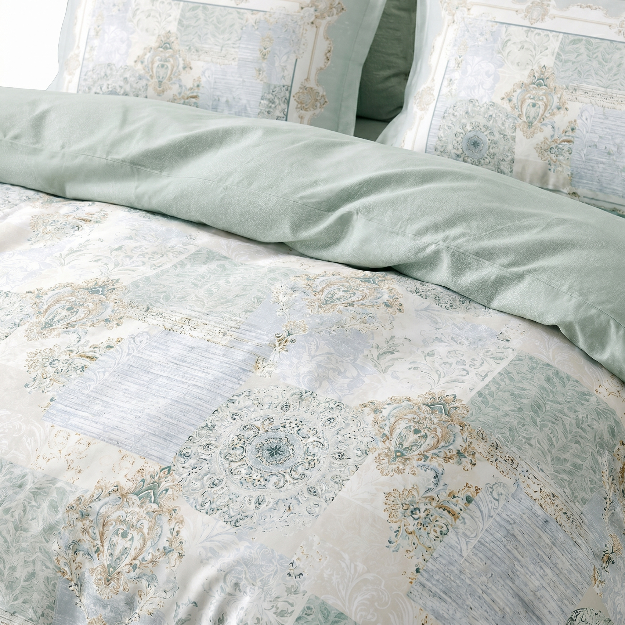 Ensemble Parure de Lit Satin Coton Patchwork Baroque Vert Sauge | Fiolla Home