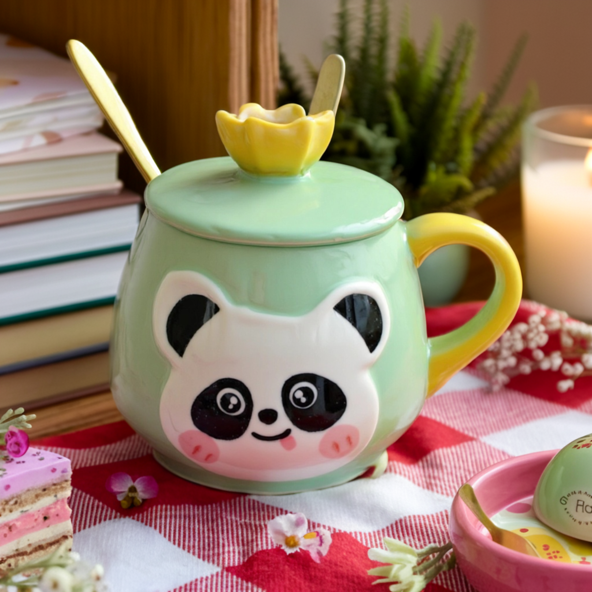 Mug Panda Kawaii | Couvercle Fleur & Cuillère Dorée | Fiolla Home