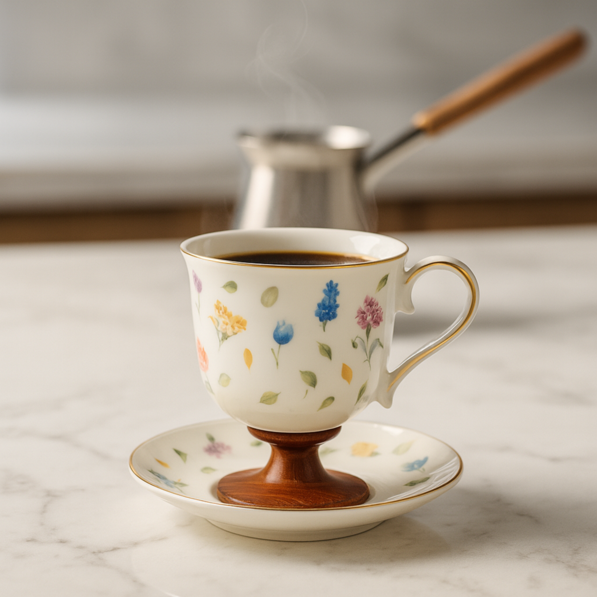 Service à Café Fleuri sur Pied Bois | Café Noir Tunisie | Fiolla Home