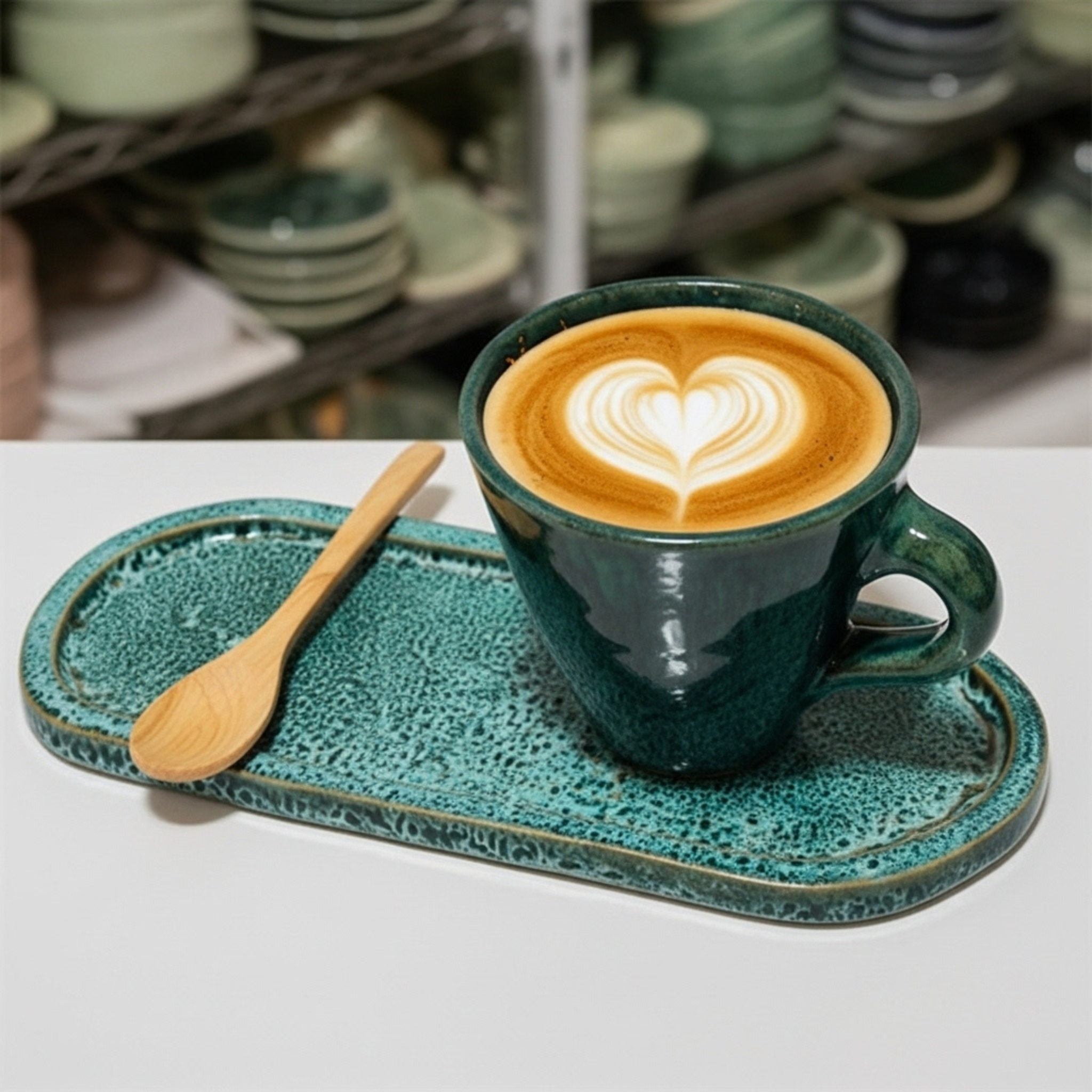 Tasse Café au Lait + Plateau – Céramique Artisanale Verte
