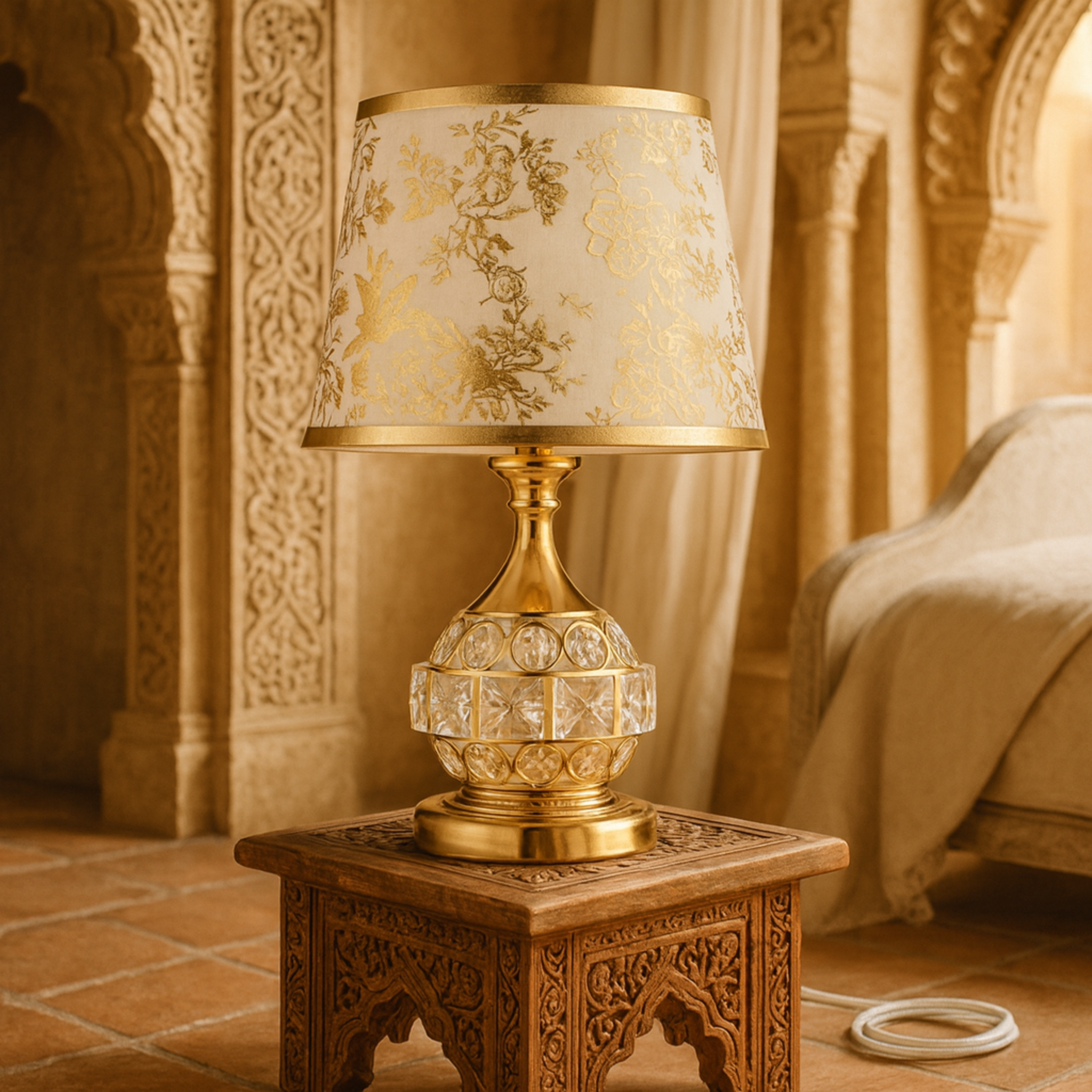 Lampe de Chevet Dorée avec Abat-jour Floral et Base Cristal