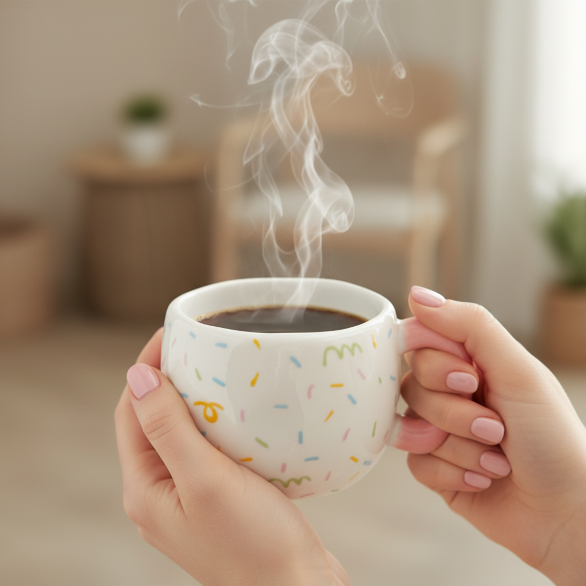 Mug Céramique Confettis & Anse Rose – Tasse Tendance avec Soucoupe