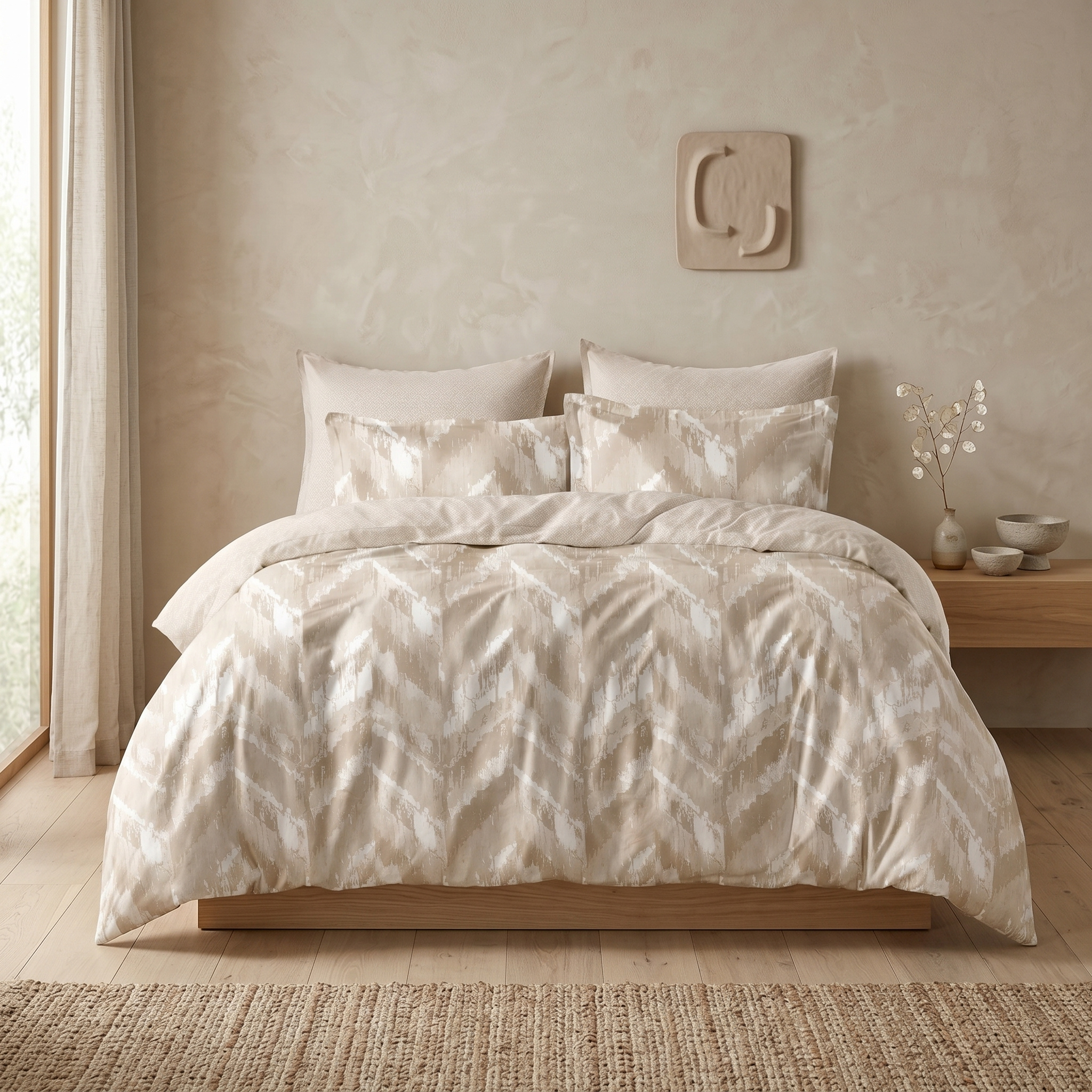 Ensemble Parure de Lit Satin Coton Motif Chevron Ikat Beige | Fiolla Home