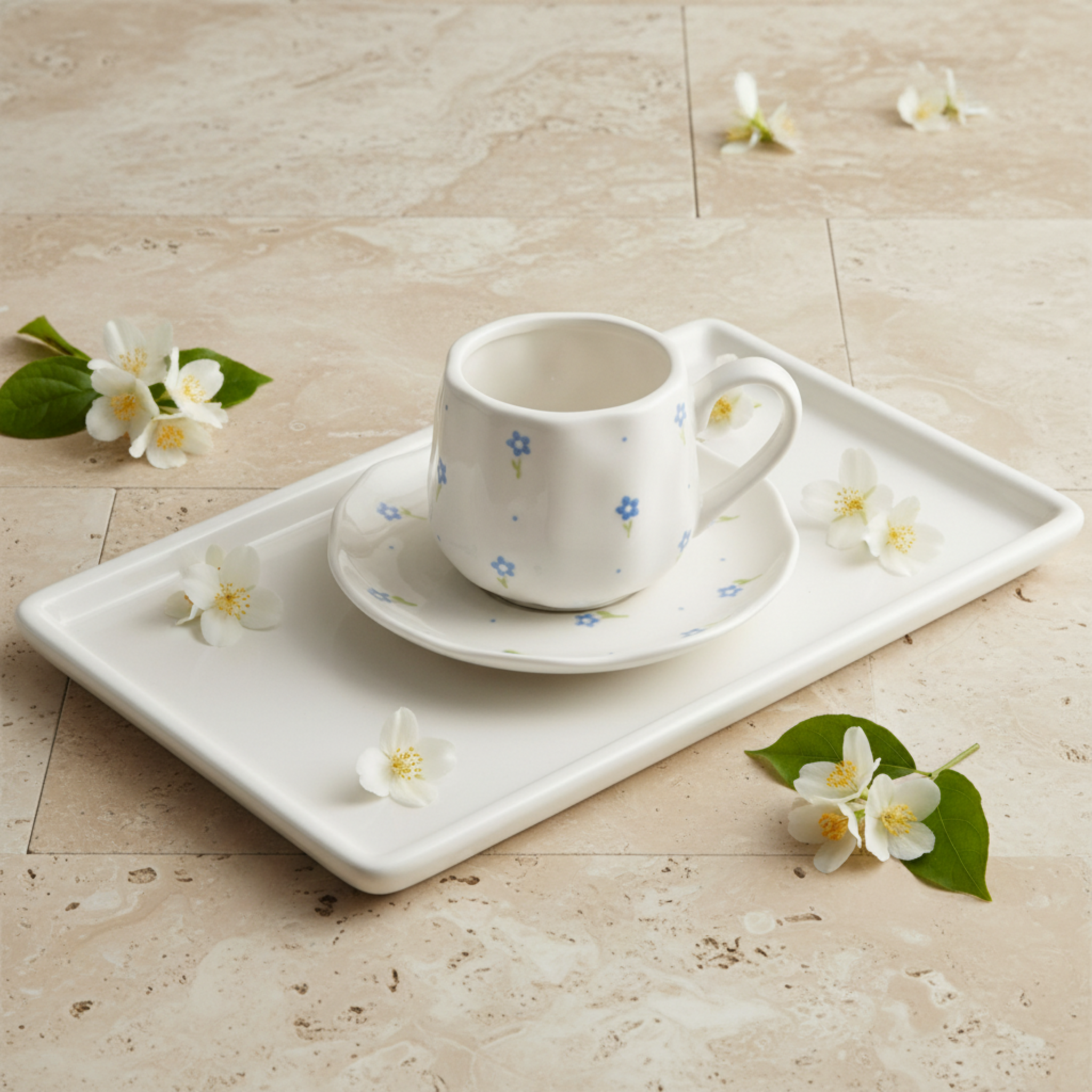 Tasse Céramique Fleurs Bleues & Soucoupe – Design Poétique & Chic