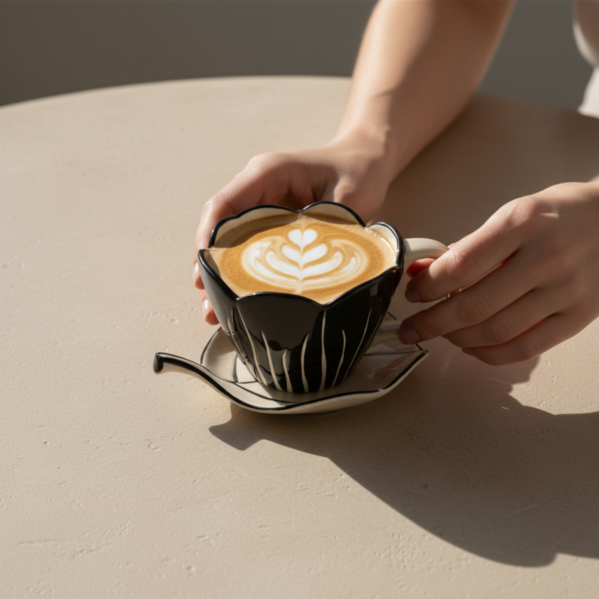 Mug Fleur Noir en Céramique avec Sous-Tasse – Élégance Premium