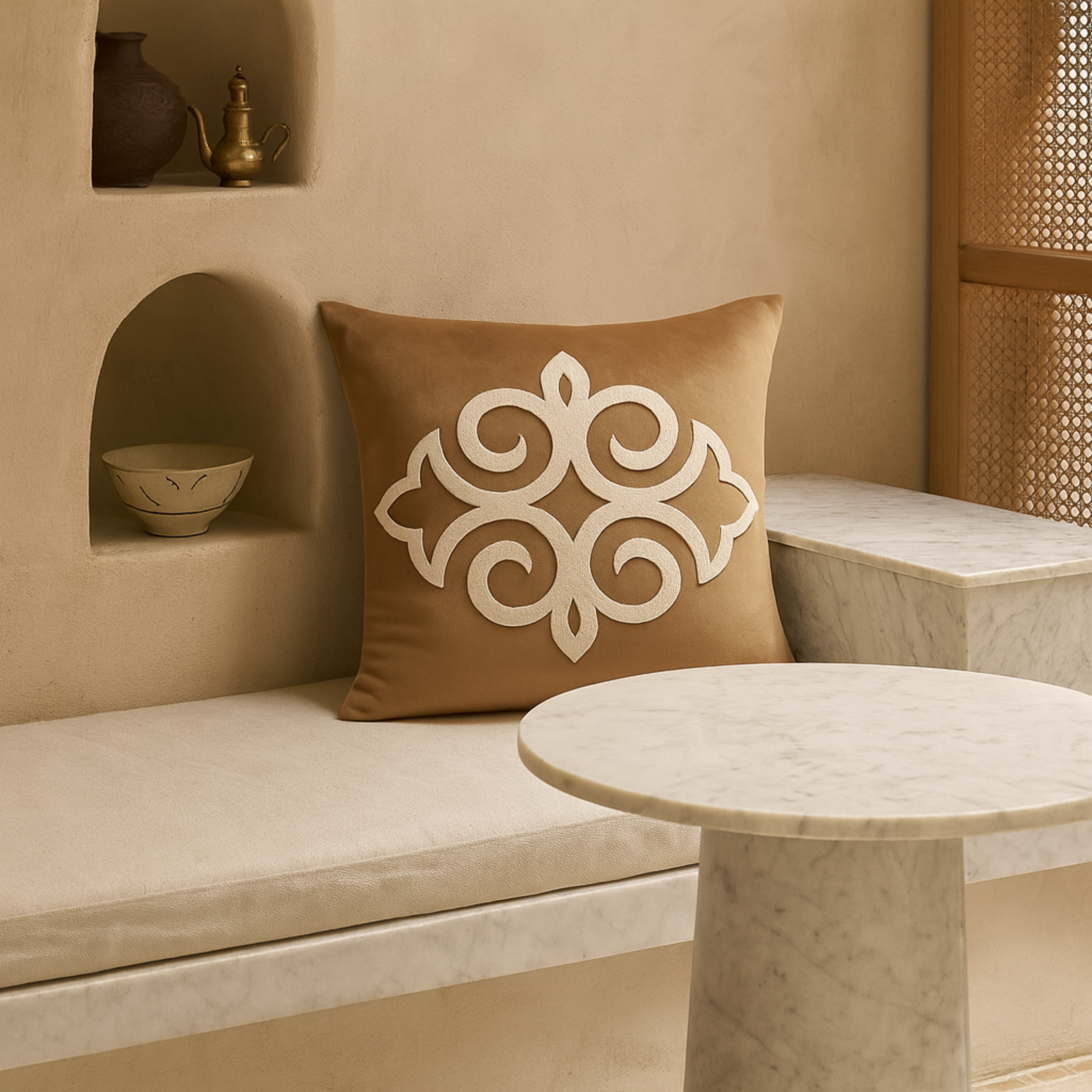 Coussin Beige Camel Tunisie – Volutes Arabesques | Fiolla Home