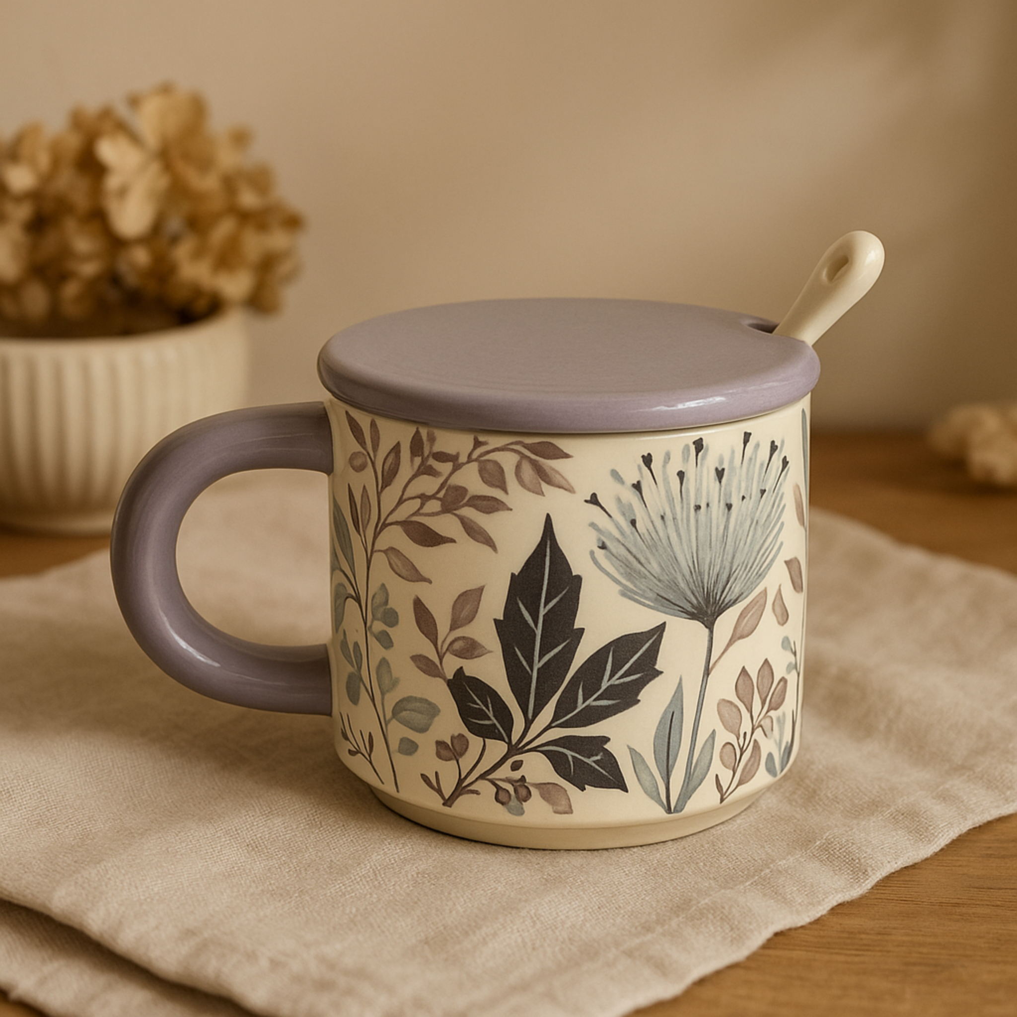 Mug avec Couvercle et Cuillère | Design Floral Élégant | Fiolla Home